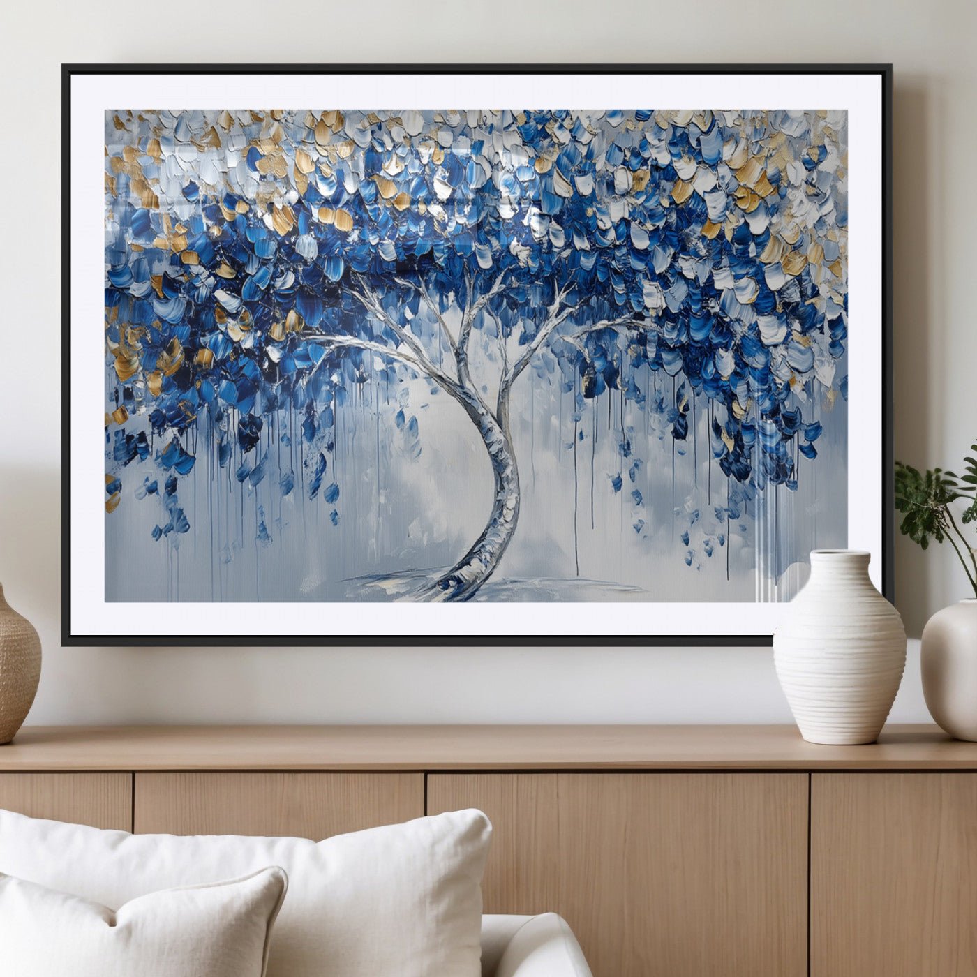 MGC-FP-36x24 - Blue and Gold Abstract Tree Wall Art Canvas Print | Modern Tree of Life Painting | Framed Canvas
