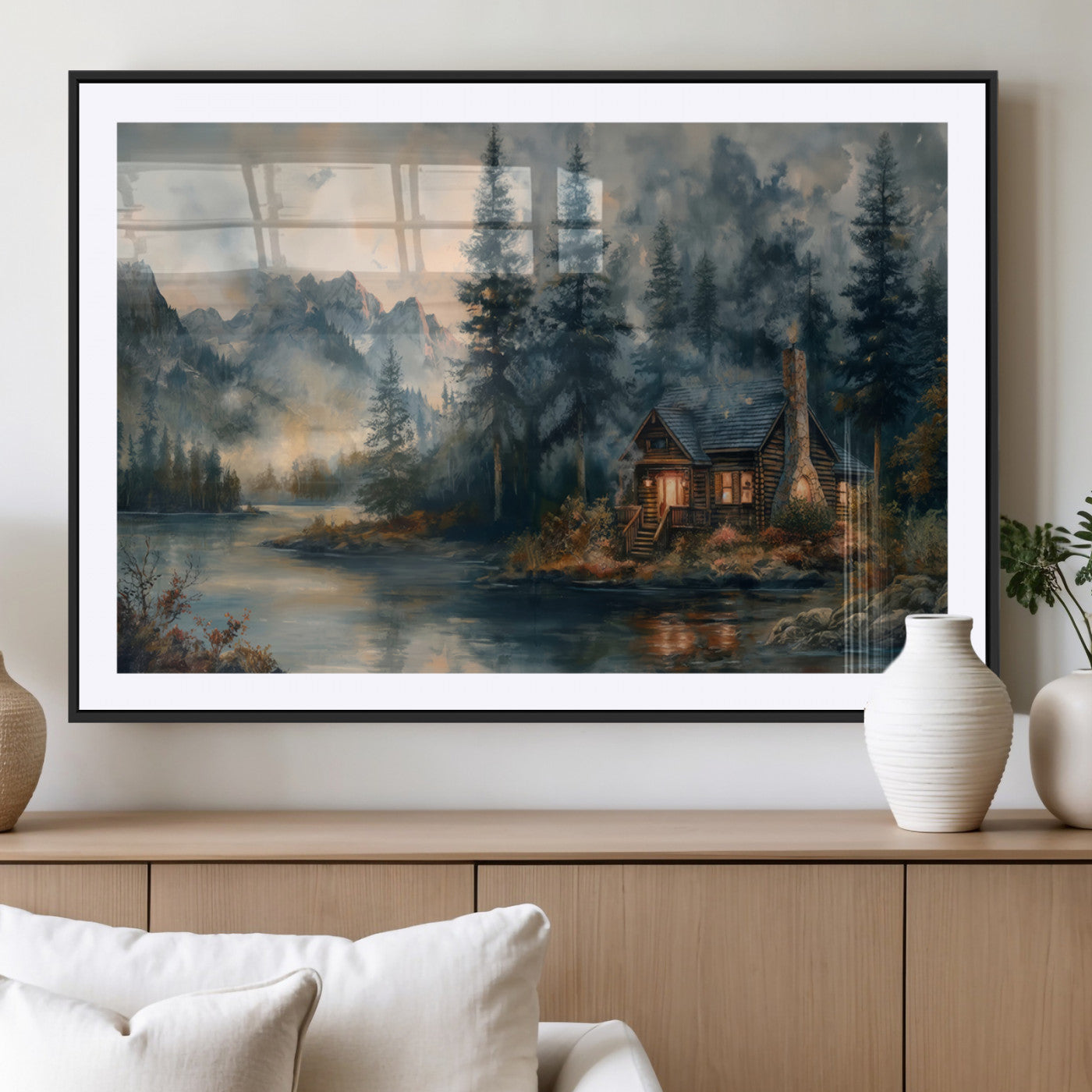 MGC-FP-36x24 - Rustic Cabin Woods Wall Art Print | Lake in a Forest Canvas Print | Cabin, Lodge, and Farmhouse