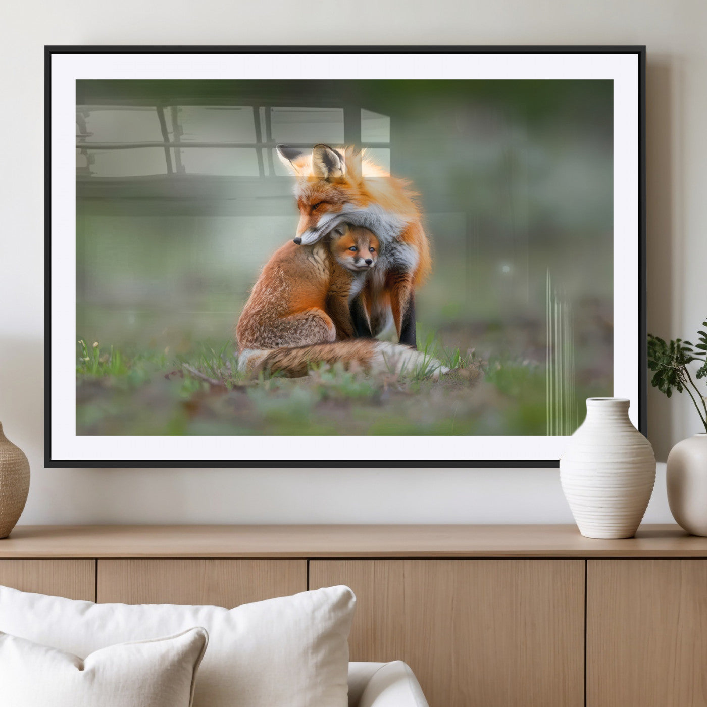 MGC-FP-36x24 - Heartwarming Fox and Baby Cub Wall Art | Ready to Hang Canvas Print of Foxes in Nature | Perfect for