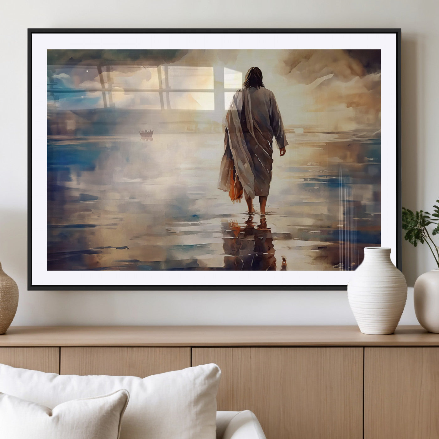 MGC-FP-36x24 - Jesus Walking on Water Wall Art | Ready to Hang Spiritual Triptych Canvas Print | Inspirational