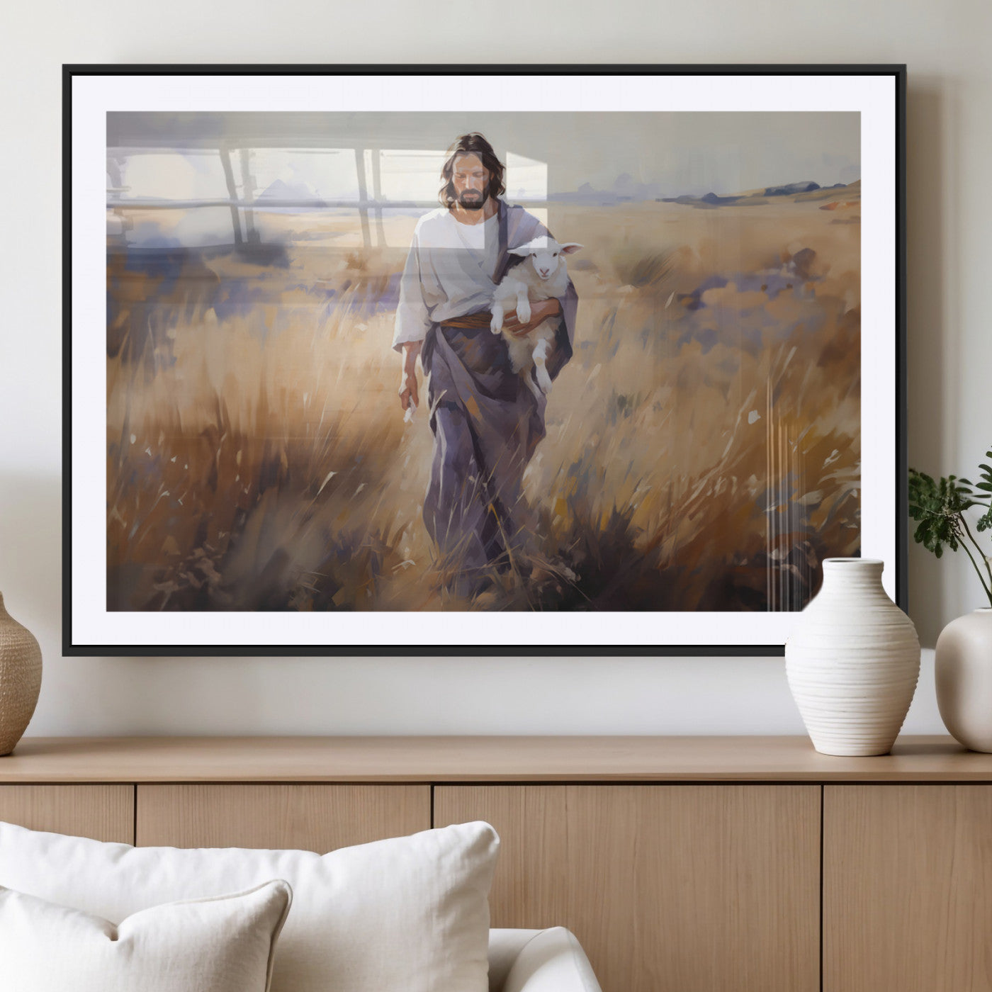 MGC-FP-36x24 - Jesus the Good Shepherd Wall Art Canvas Print - Lost Lamb Print for Prayer Room Decor