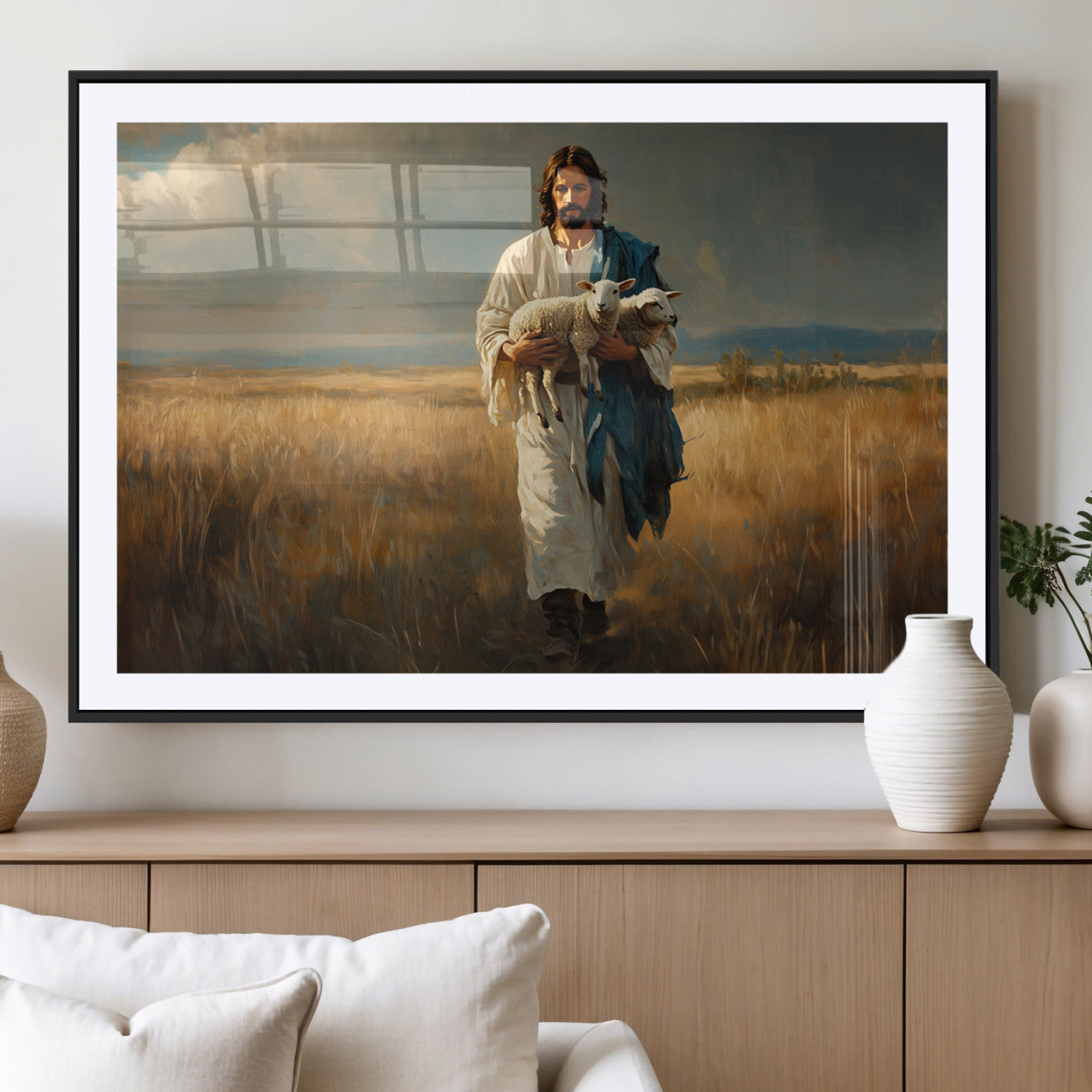 MGC-FP-36x24 - Jesus Shepherd Wall Art | Ready to Hang Triptych Canvas of Jesus Holding a Lamb in a Field |