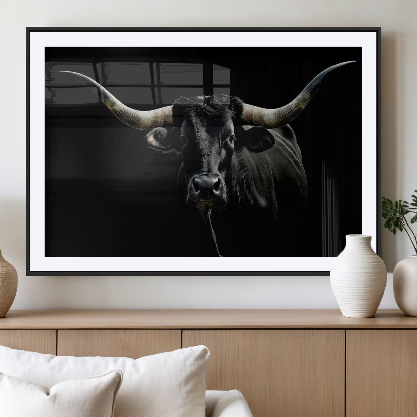MGC-FP-36x24 - Texas Black Longhorn Bull Wall Art Canvas Print - Western Texas Cattle Rustic Decor Print - Longhorn
