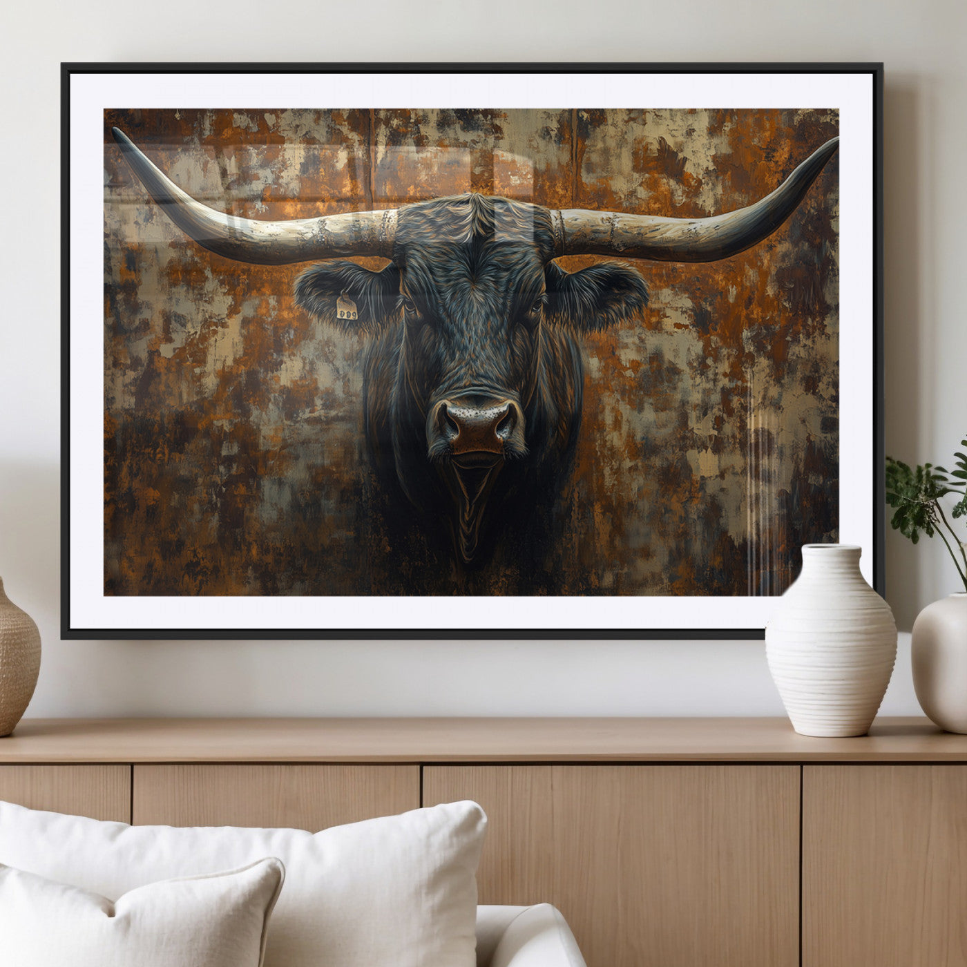 MGC-FP-36x24 - Longhorn Texas Cow Bull Wall Art | Rustic Farmhouse Canvas Print | Ready to Hang Barn Decor for