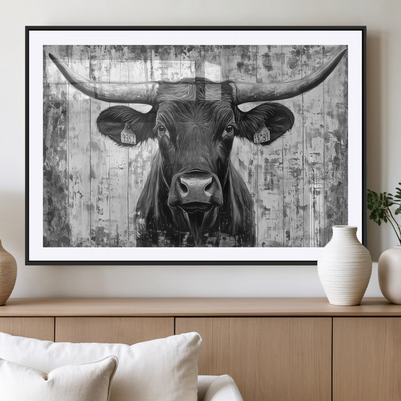 MGC-FP-36x24 - Abstract Longhorn Bull Wall Art Canvas Print - Rustic Texas Western Cow Artwork