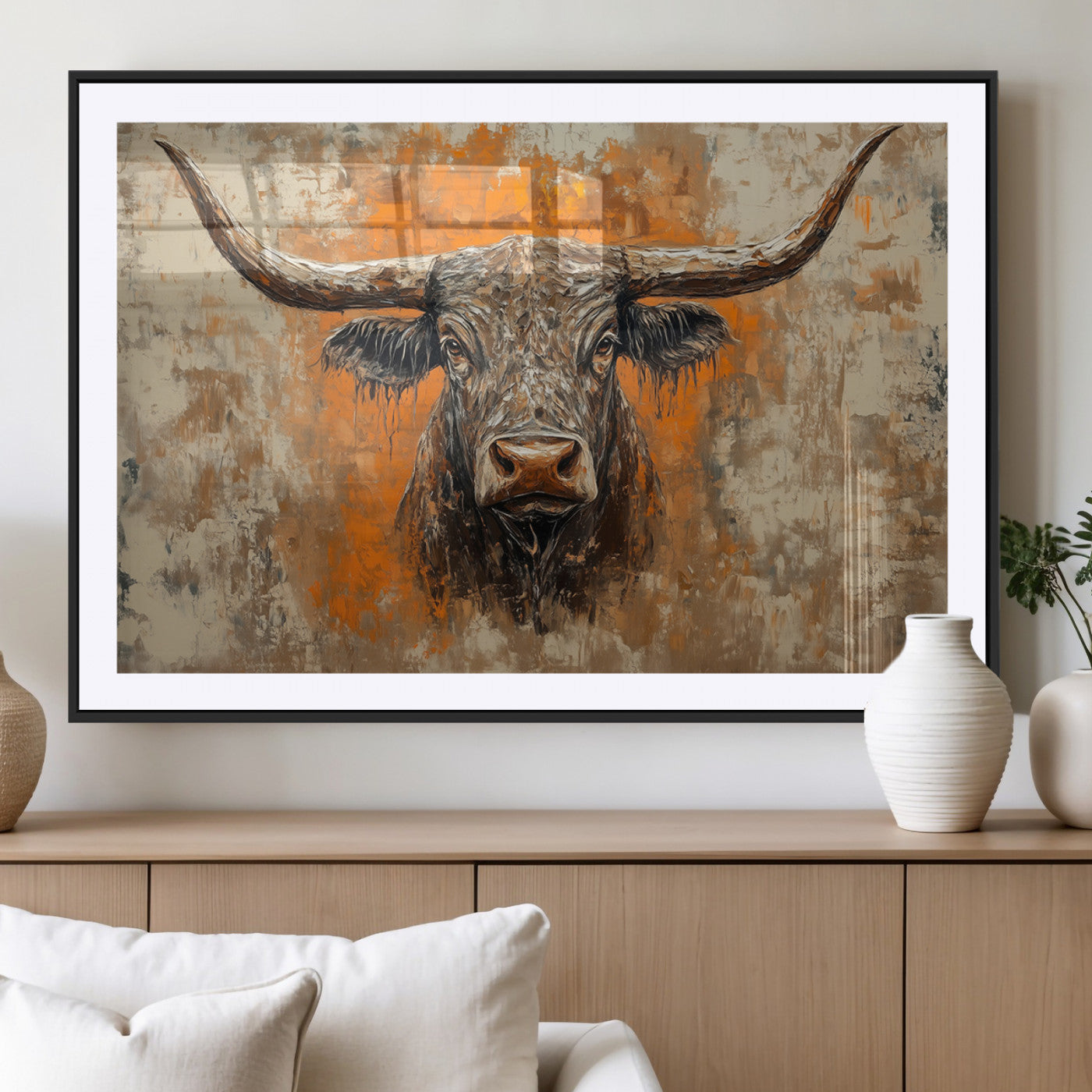 MGC-FP-36x24 - Abstract Cow Longhorn Bull Wall Art Canvas Print - Rustic Texas Western Cattle Artwork