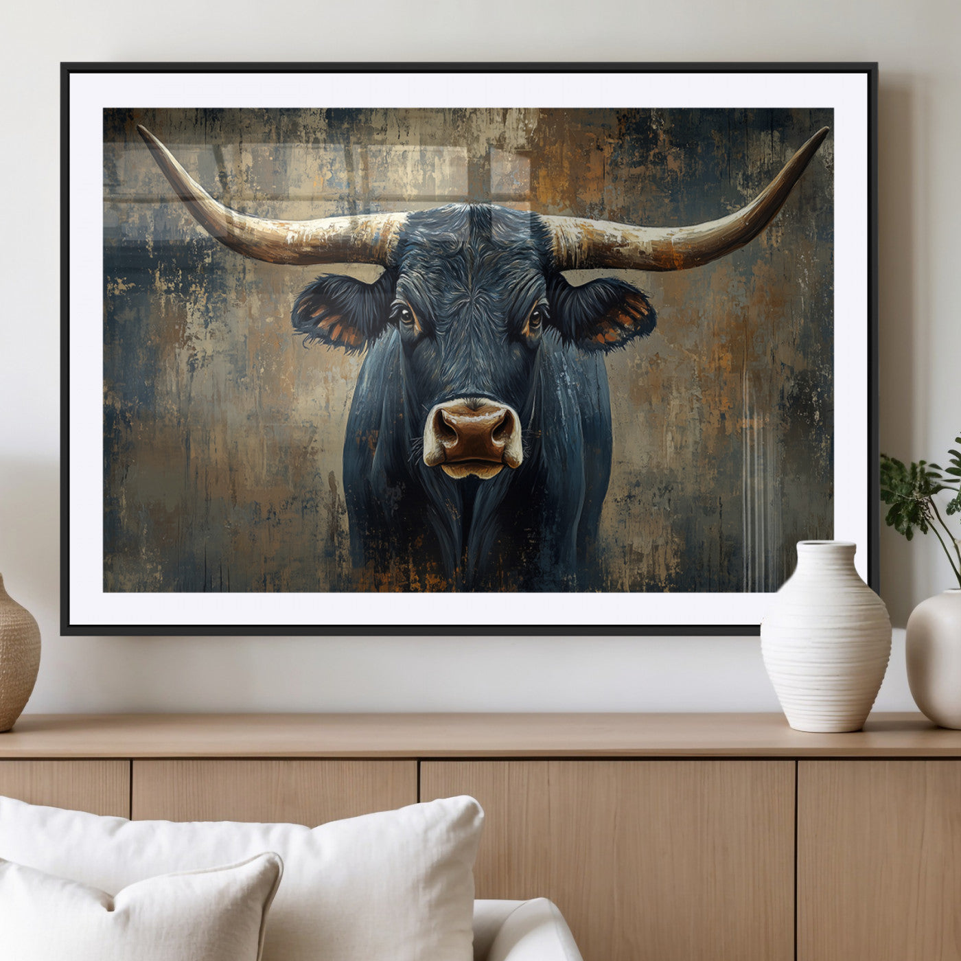 MGC-FP-36x24 - Texas Western Wall Art Canvas Print - Abstract Cow Longhorn Bull Wall Art Canvas Print - Rustic Cow