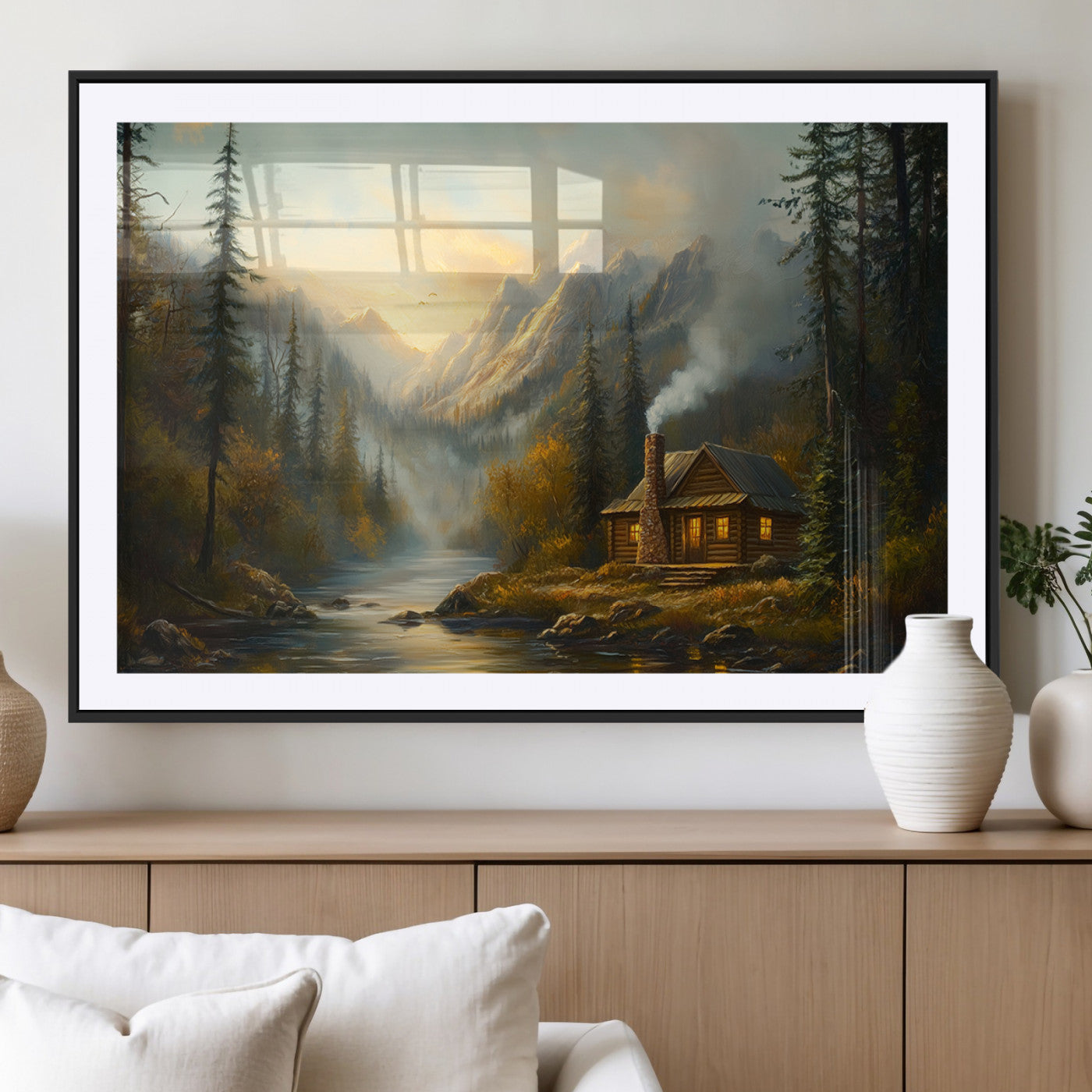 MGC-FP-36x24 - Wood Cabin Retreat Mountain at Sunset Wall Art Print - Serene Forest and River Landscape Wall Art