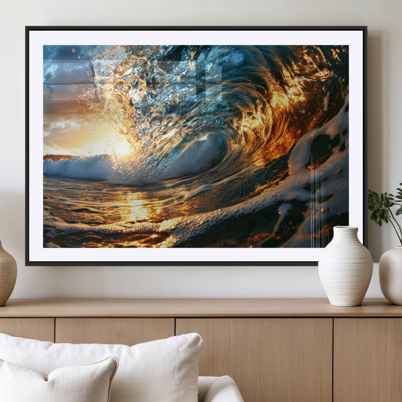 MGC-FP-36x24 - Ocean Wave at Sunset Canvas Wall Art – Vibrant Coastal Beach Waves Print, Large Nautical Decor,