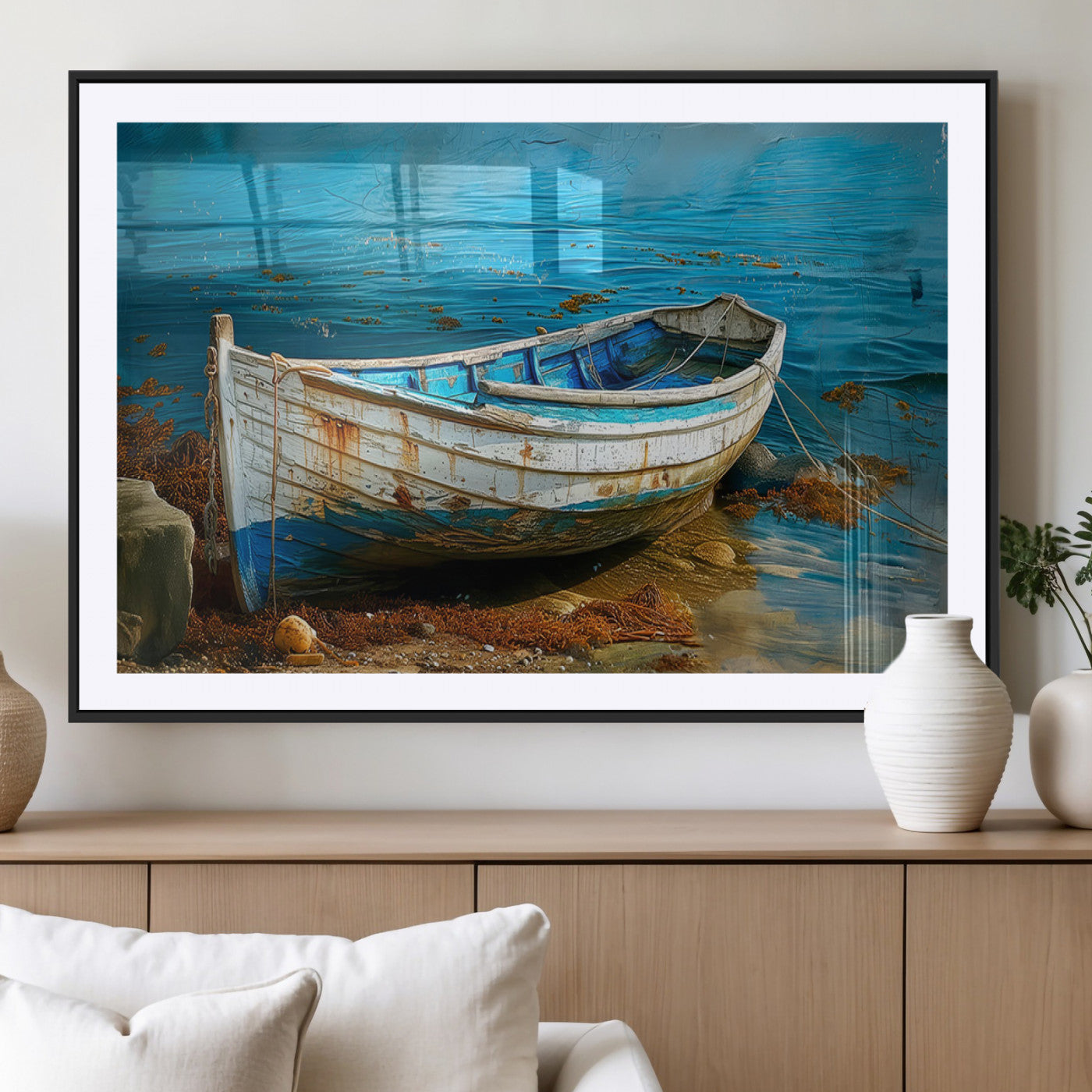 MGC-FP-36x24 - Vintage Boat on Tranquil Waters | Coastal Wall Art for Nautical Decor | Rustic Triptych Canvas Print