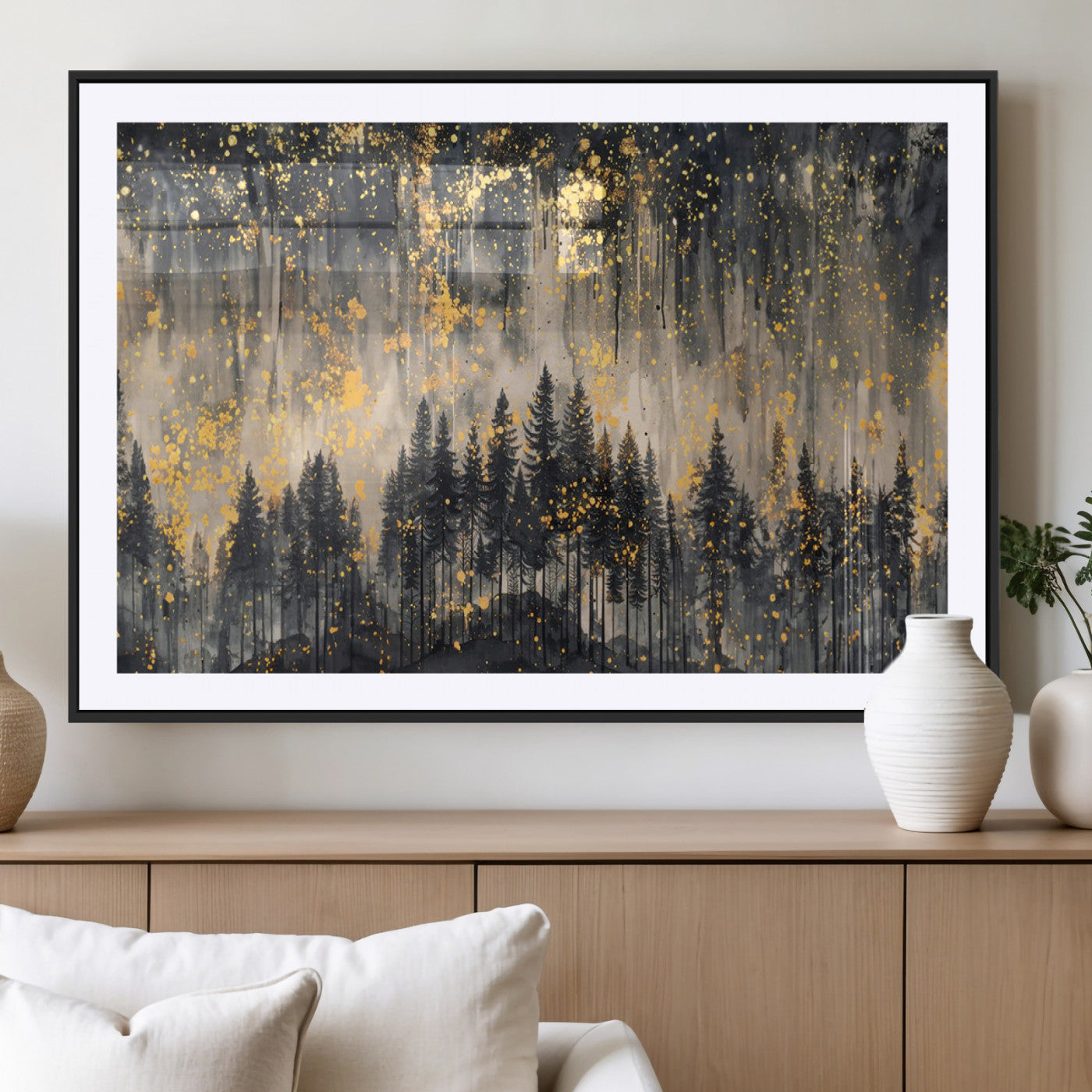 MGC-FP-36x24 - Golden Forest Abstract Wall Art | Dark Forest with Gold Splatter Accents | Triptych Ready to Hang