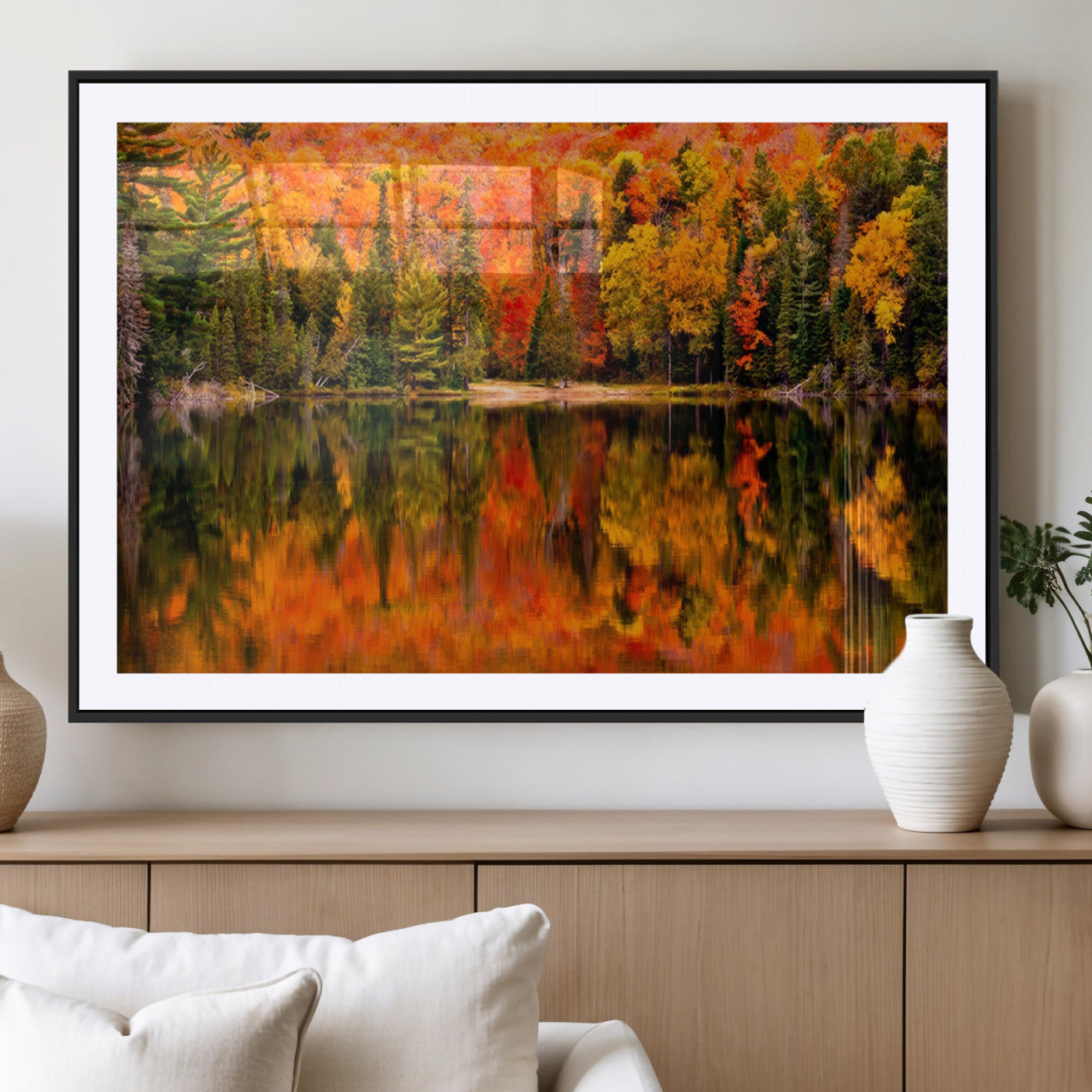 MGC-FP-36x24 - Forest Reflection Art | Autumn Forest Reflection Wall Art | Triptych Canvas Print | Vibrant Fall