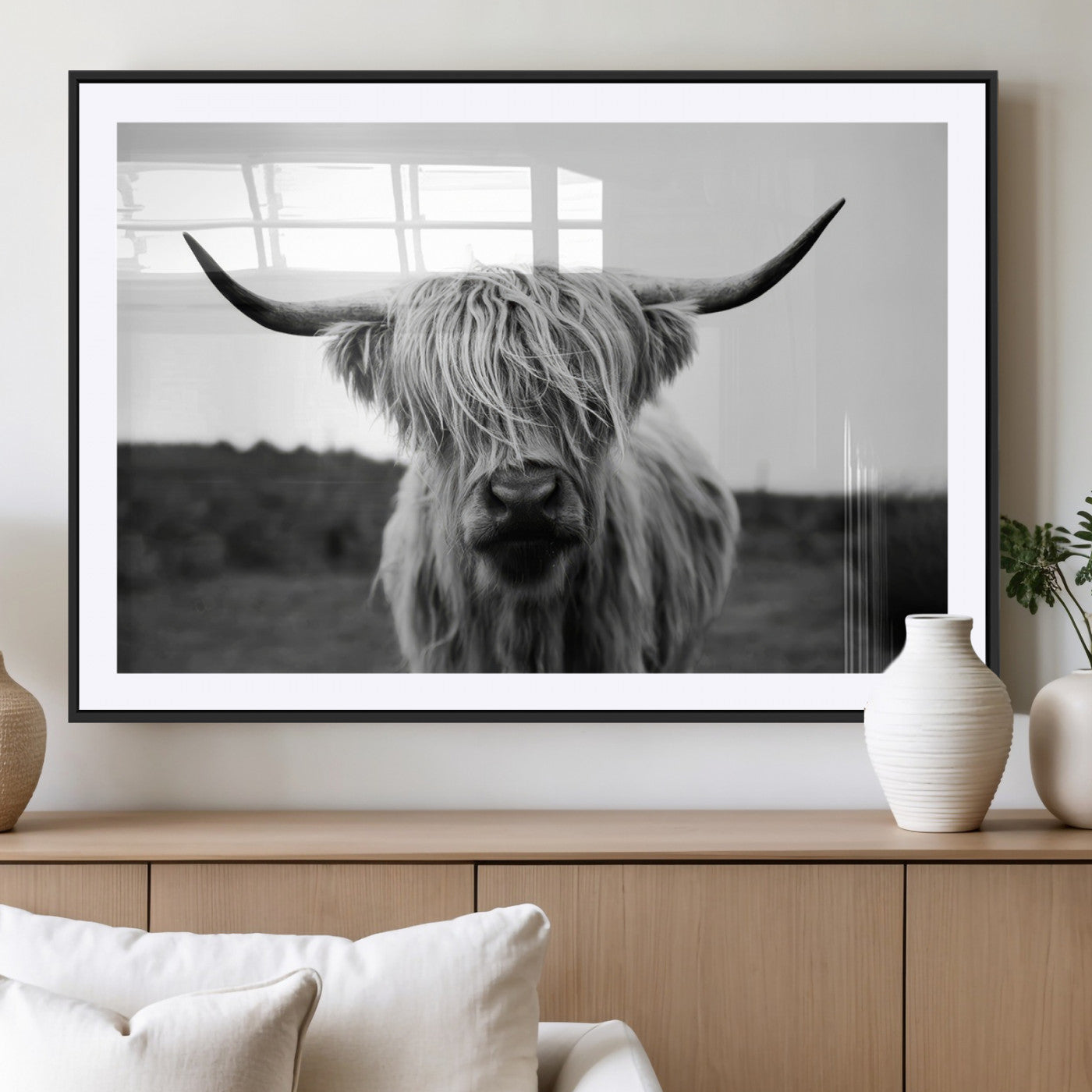 MGC-FP-36x24 - Highland Cow Wall Art | Black and White Farmhouse Decor | Triptych Canvas Print | Rustic Barn Decor
