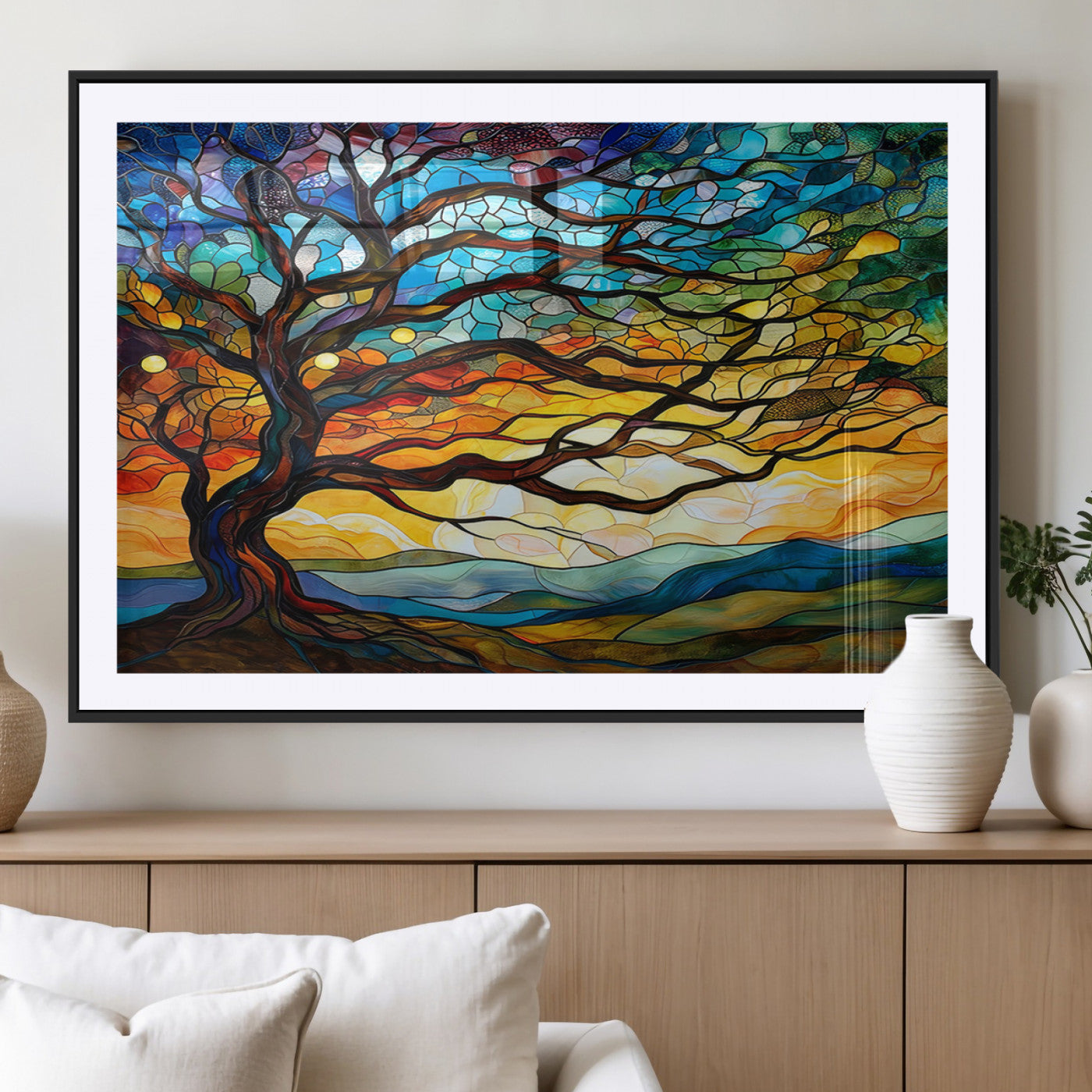 MGC-FP-36x24 - Mosaic Tree Wall Art | Ready to Hang Stained Glass Style Canvas Print | Farmhouse Wall Decor, Cabin