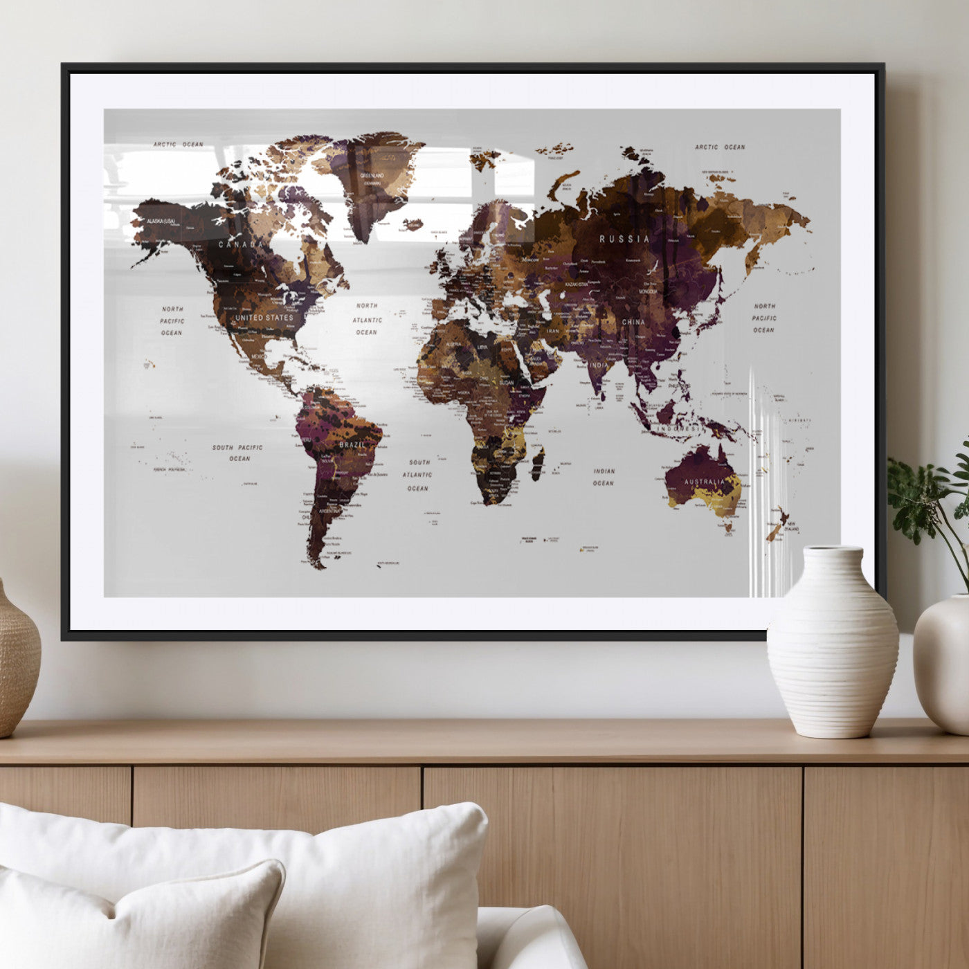 MGC-FP-36x24 - Push Pin World Map Canvas Print – Framed Wall Art for Couples to Track Their Travels – Anniversary