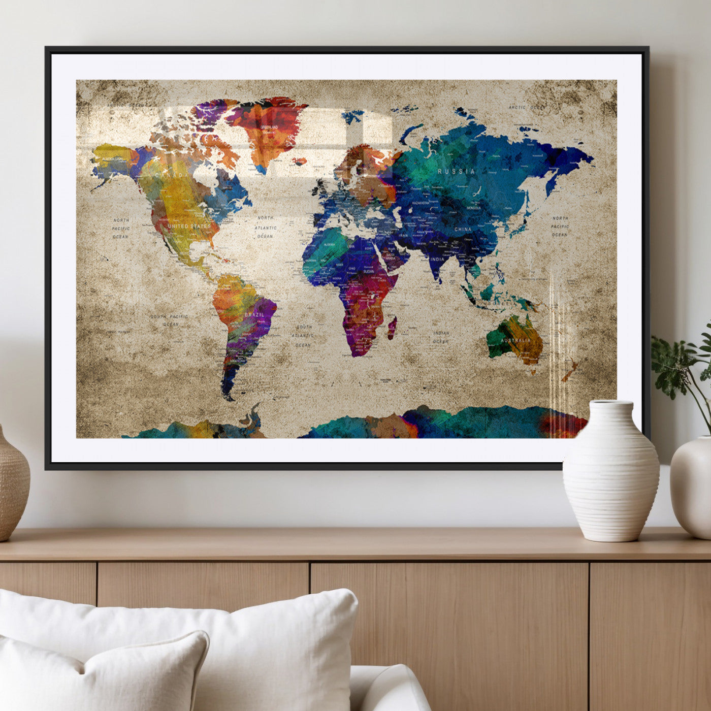MGC-FP-36x24 - Push Pin World Map Canvas Print – Framed Wall Art for Couples to Track Their Travels – Anniversary