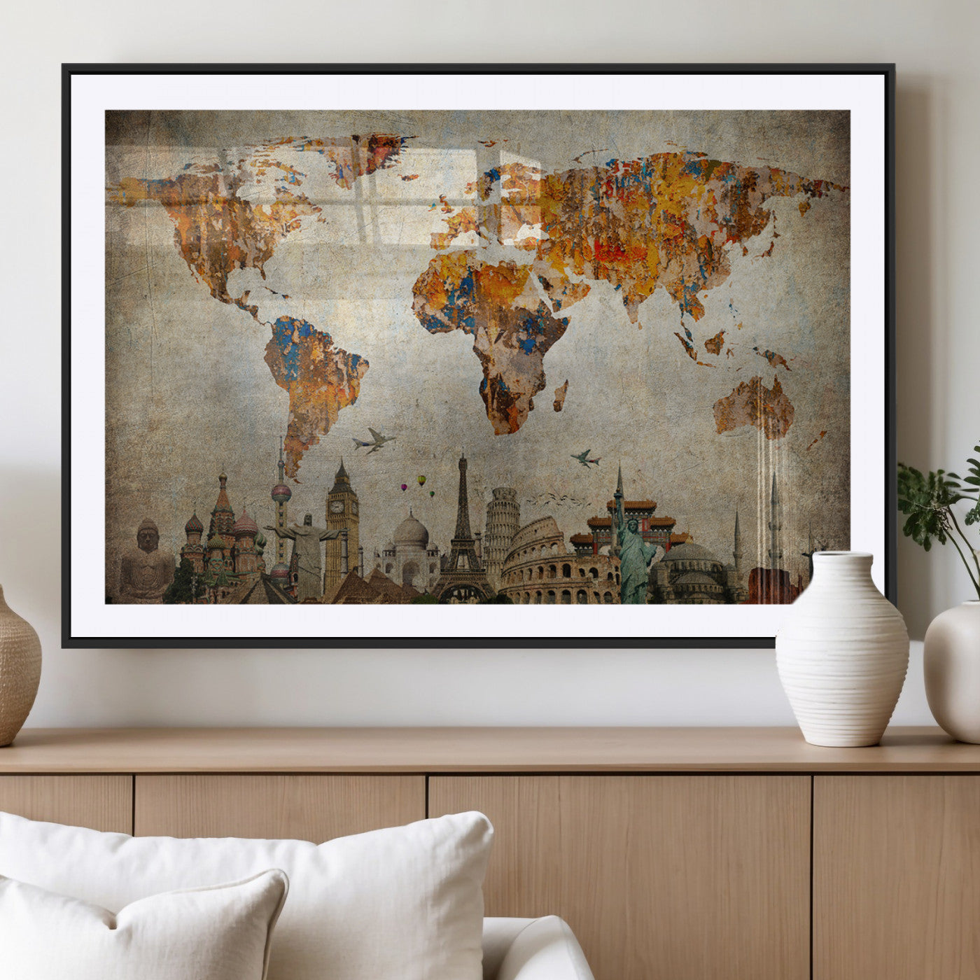 MGC-FP-36x24 - Push Pin World Map Canvas Print – Framed Wall Art for Couples to Track Their Travels – Anniversary