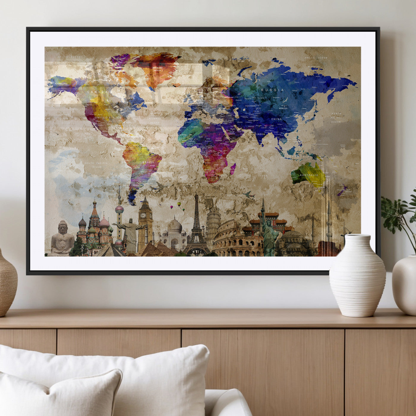 MGC-FP-36x24 - Push Pin World Map Canvas Print – Framed Wall Art for Couples to Track Their Travels – Anniversary