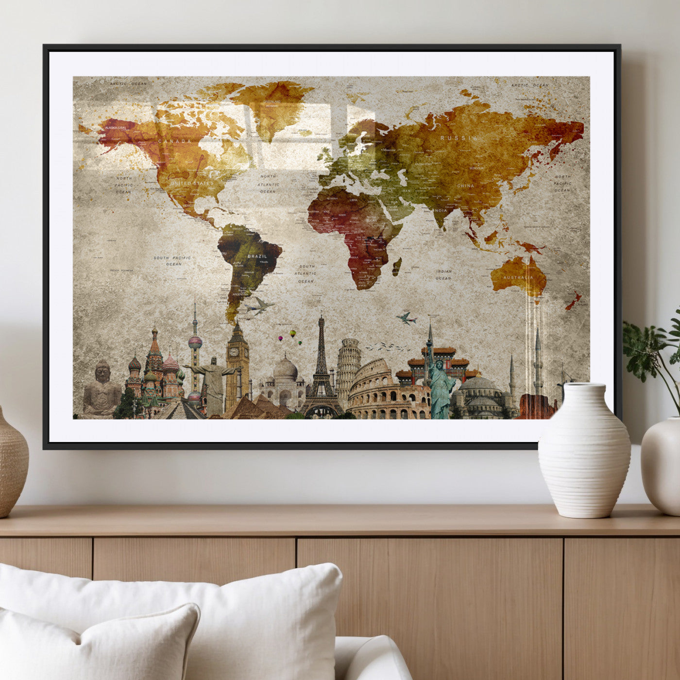 MGC-FP-36x24 - Push Pin World Map Canvas Print – Framed Wall Art for Couples to Track Their Travels – Anniversary