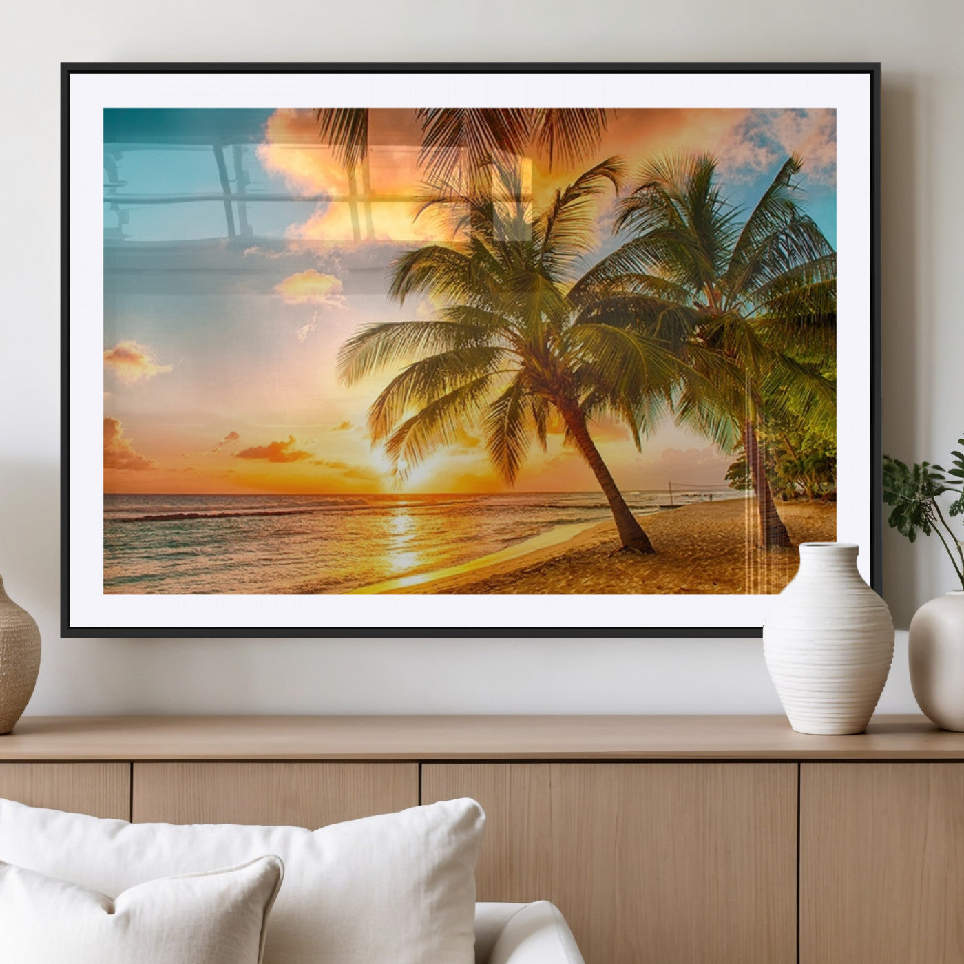 MGC-FP-36x24 - Tropical Sunset Beach Canvas Wall Art Print – Vibrant Palm Trees and Coastal Sunset Wall Decor for