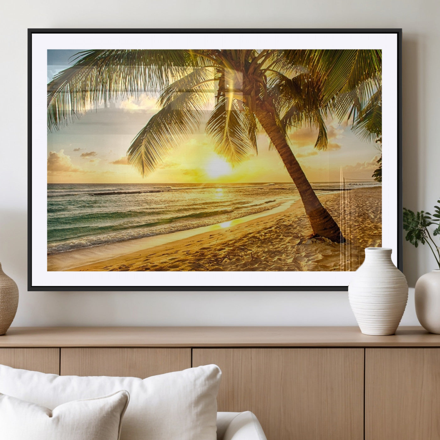 MGC-FP-36x24 - Beach Sunset Canvas Wall Art Print - Tropical Beach Canvas Wall Art Print – Vibrant Palm Trees and