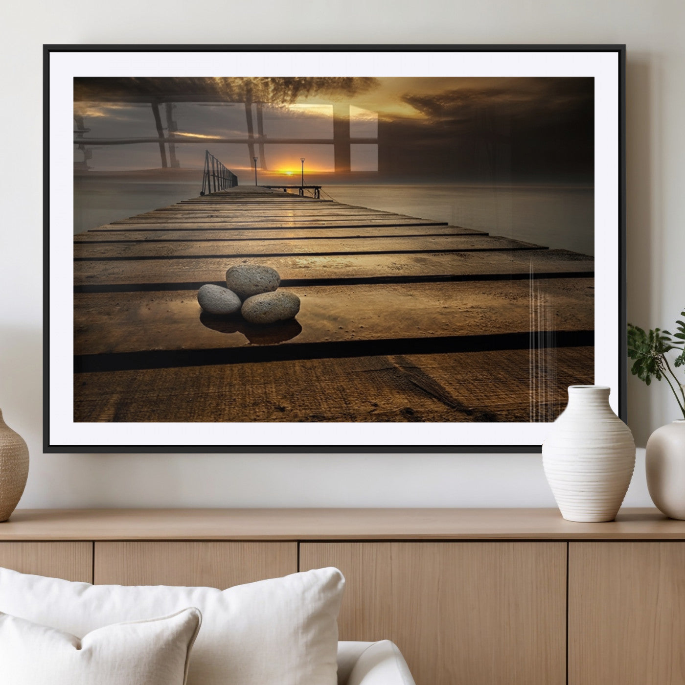 MGC-FP-36x24 - Stones on Wooden Pier at Sunset Canvas Print, Serene Coastal Wall Art, Beach Sunset Photography,