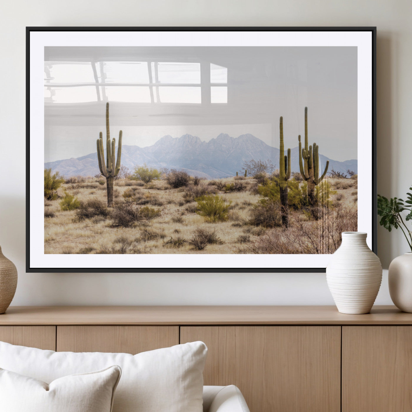 -Desert Cactus Canvas Wall Art – Serene Southwestern Arizona Landscape with Majestic Mountains -