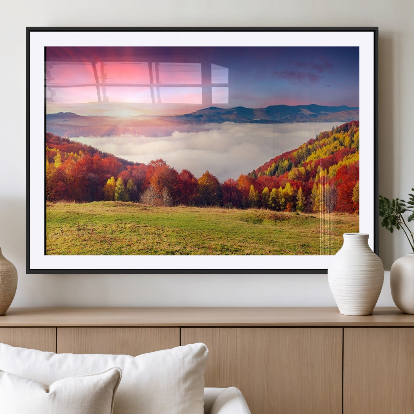 MGC-FP-36x24 - Autumn Mountain Foggy Landscape Wall Art Canvas Print | Beautiful Forest Canvas Print | Misty