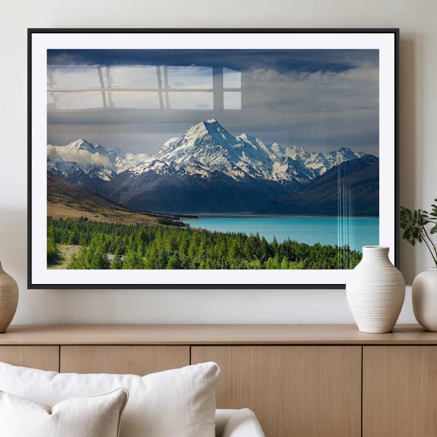 MGC-FP-36x24 - Mount Cook and Lake Pukaki Canvas Wall Art Print – Majestic Snow-Capped Peaks and Serene Lake Wall