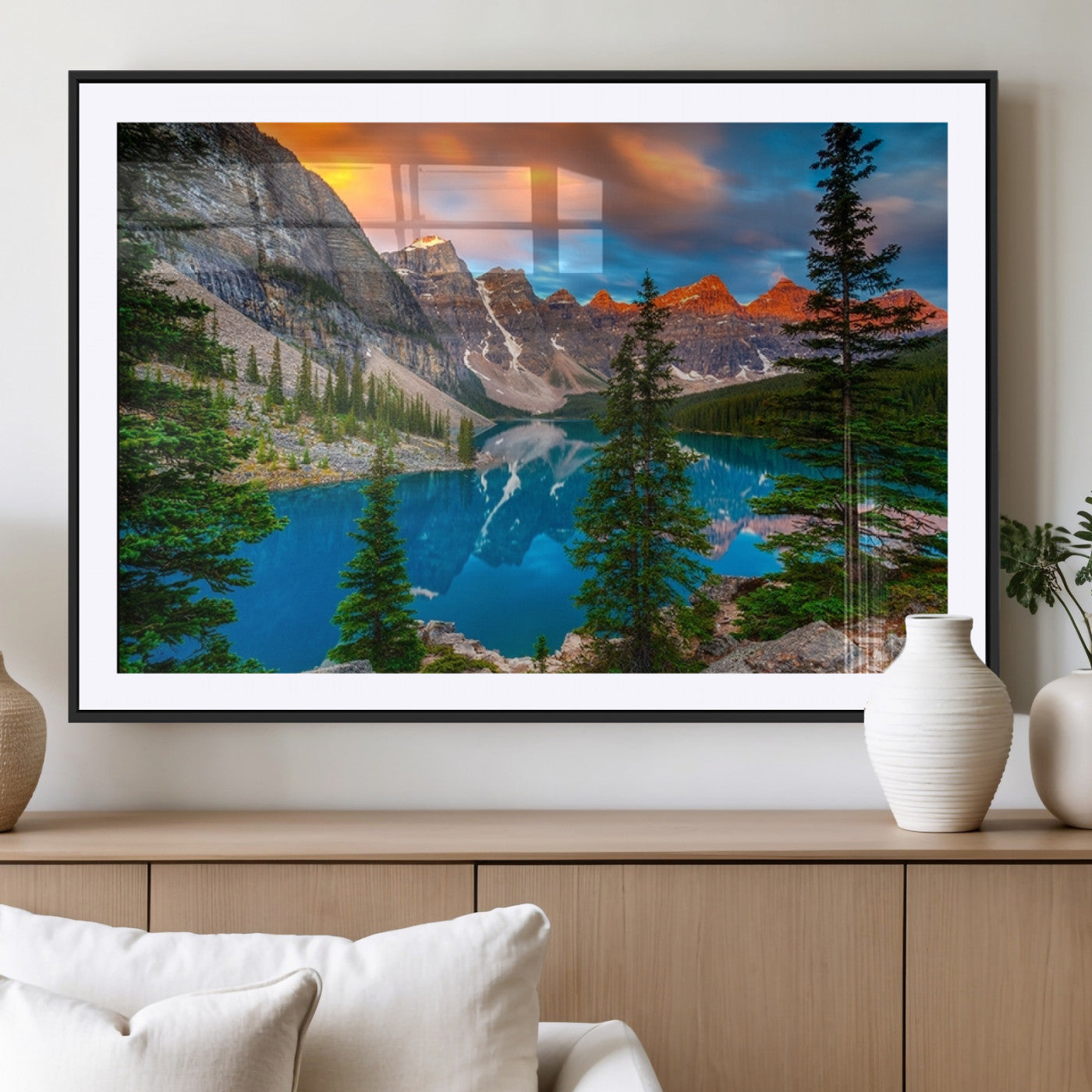MGC-FP-36x24 - Canadian Rockies Moraine Lake Wall Art Canvas Print, Pine Trees Mountain Spring Canvas Print