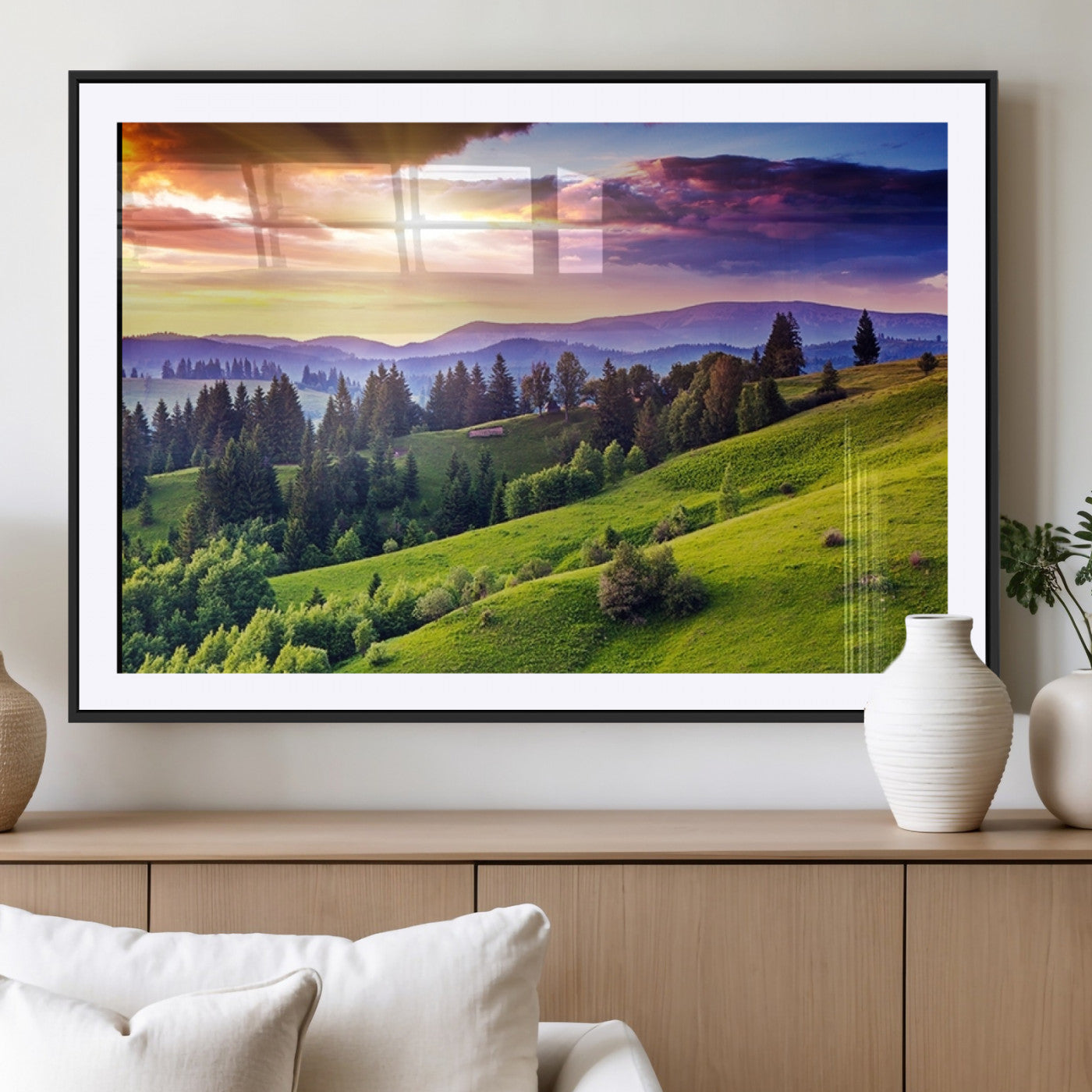 MGC-FP-36x24 - Green Hills and Sunset Wall Art Print - Scenic Landscape with Lush Greenery and Vibrant Sky, Ready
