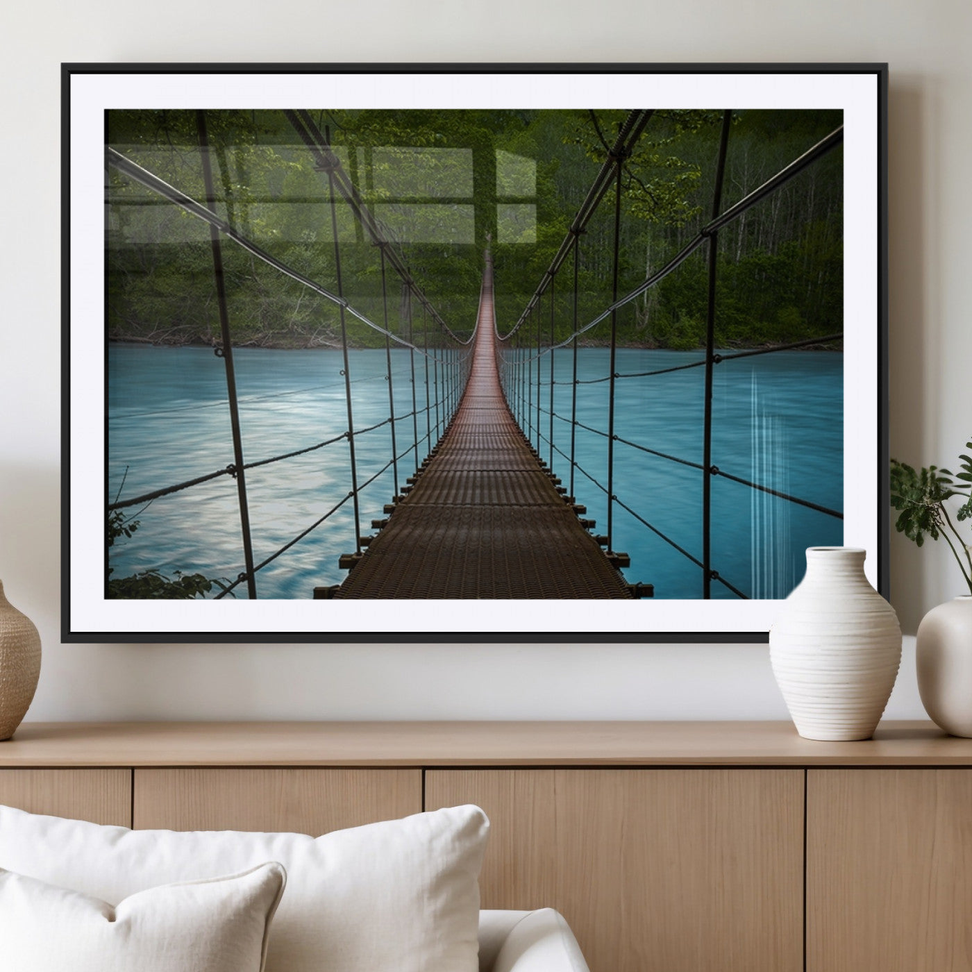 MGC-FP-36x24 - Suspension Bridge Over River Canvas Art | 3-Panel Nature Photography | Scenic Wall Art for Living