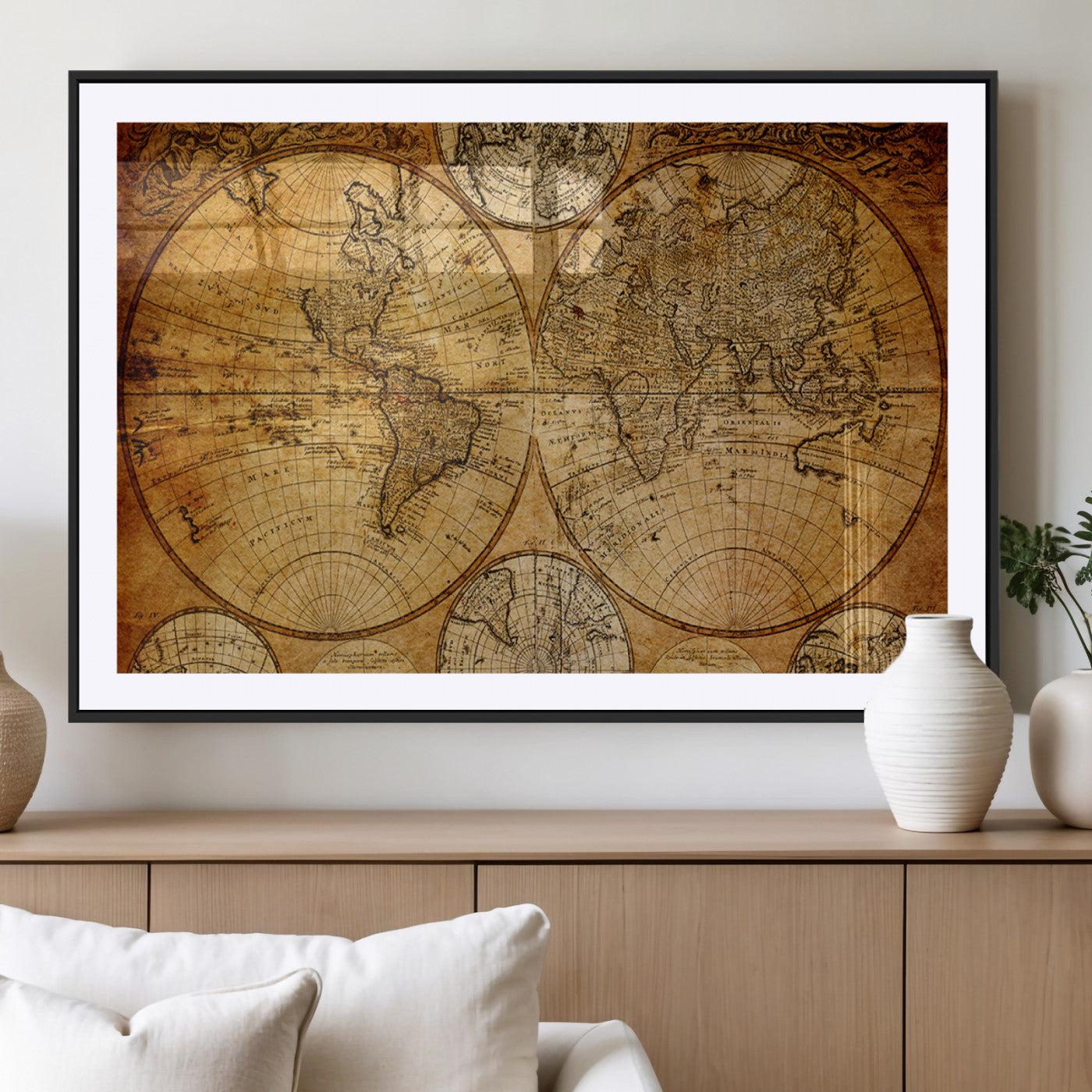 25517-MGC-FP-36x24 - Vintage World Map Canvas Print – Antique Push Pin Travel Map, Framed Wall Art for Home or Office Decor