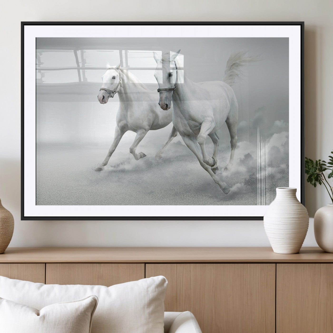 MGC-FP-36x24 - Large Wall Art Animal Canvas Print - Beautiful Running White Horses