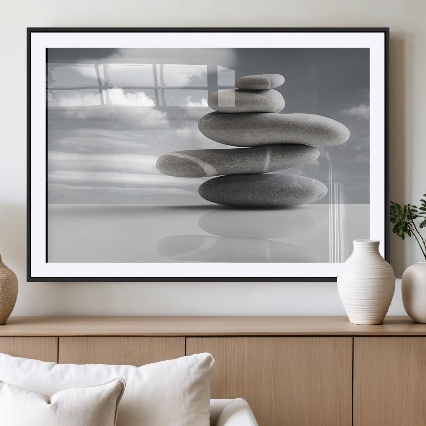 MGC-FP-36x24 - Still Life Black and White Zen Stones Wall Art Canvas, Framed Black and White Zen Stones Canvas