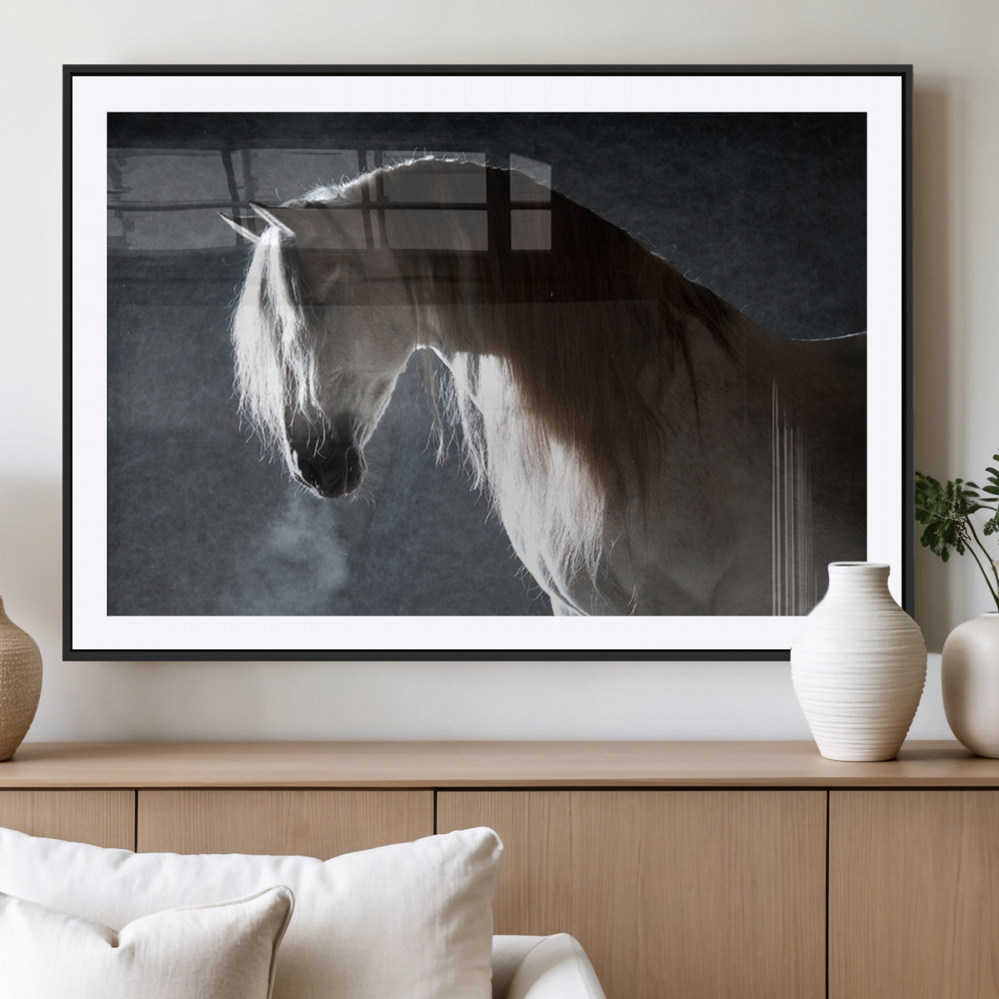 MGC-FP-36x24 - Large Wall Art Cream Colored Horse on Grey Background Canvas Print
