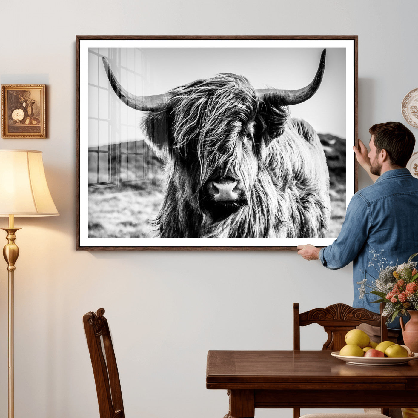 36979-MGV-CV-36X24 - Handsome Scottish Cow Black and White Wall Decor Canvas Art Print Extra Large Wall Art Highland Cattle Canvas Picture Animal Art Nature Photography High Quality Original Canvas Framed Ready to Hang