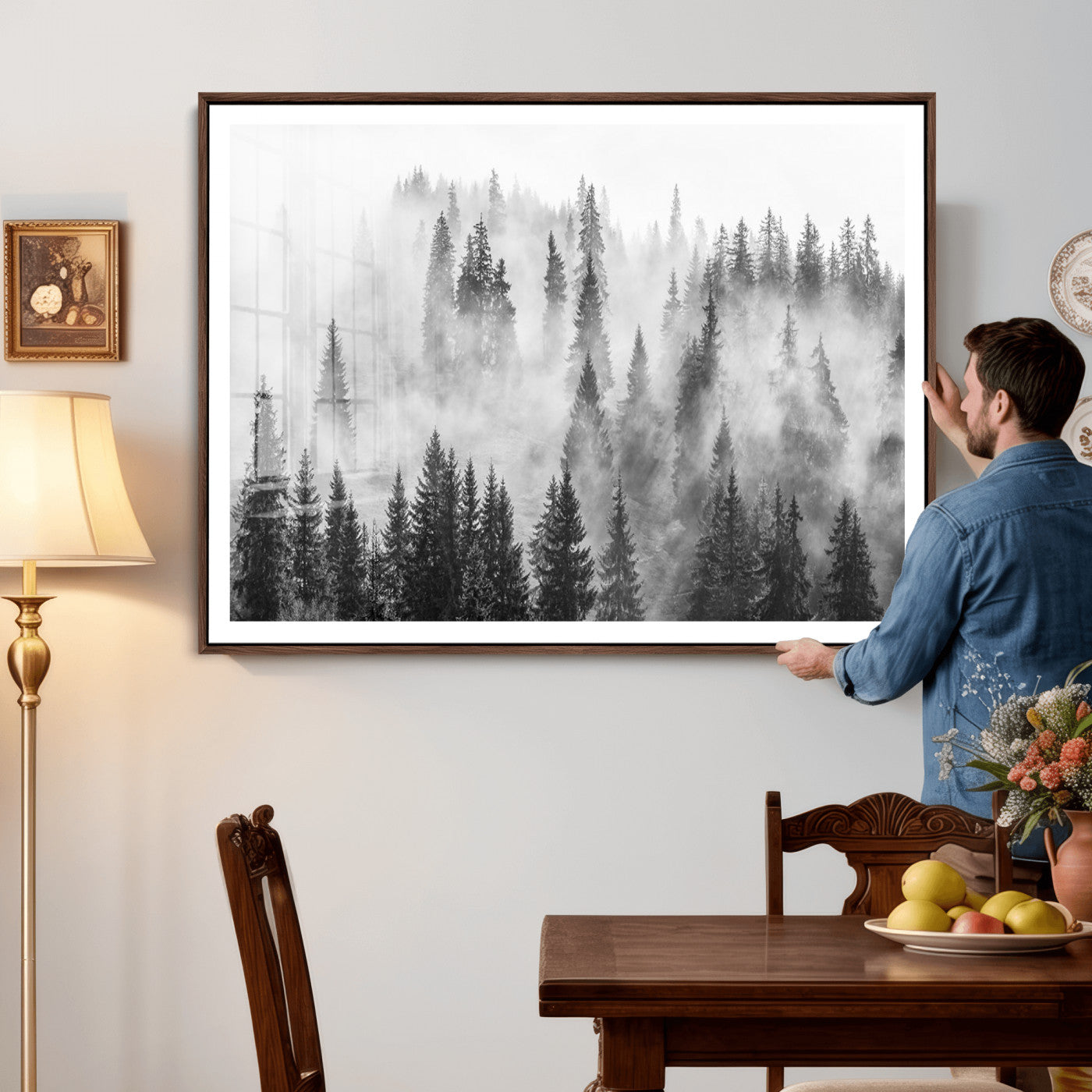10422-MGV-CV-36X24 - Forest Wall Art Print | Foggy Pine Forest Canvas Wall Art - Black and White Nature Decor for Living