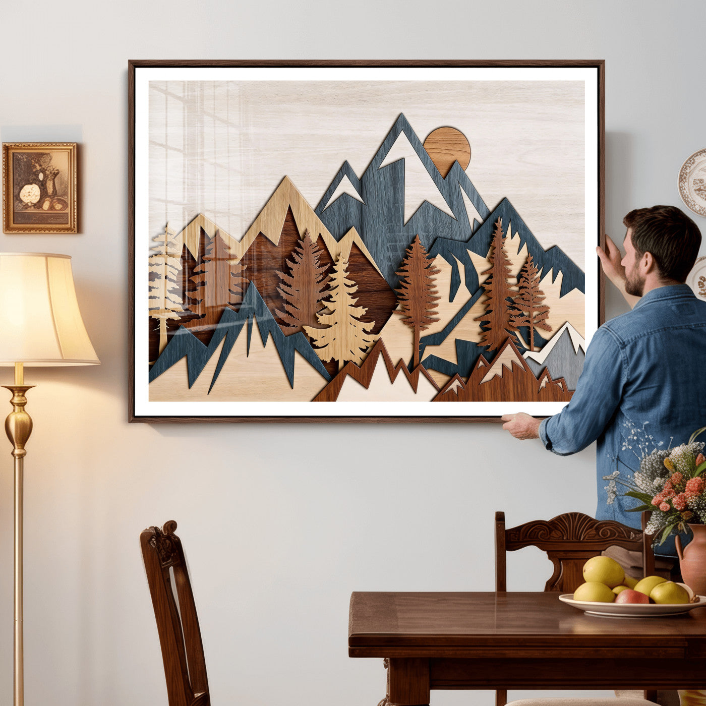 67950-MGV-CV-36X24 - Woodland Mountain Landscape Triptych, Giclee Canvas Art for Modern Home, Rustic Wooden Nature Wall