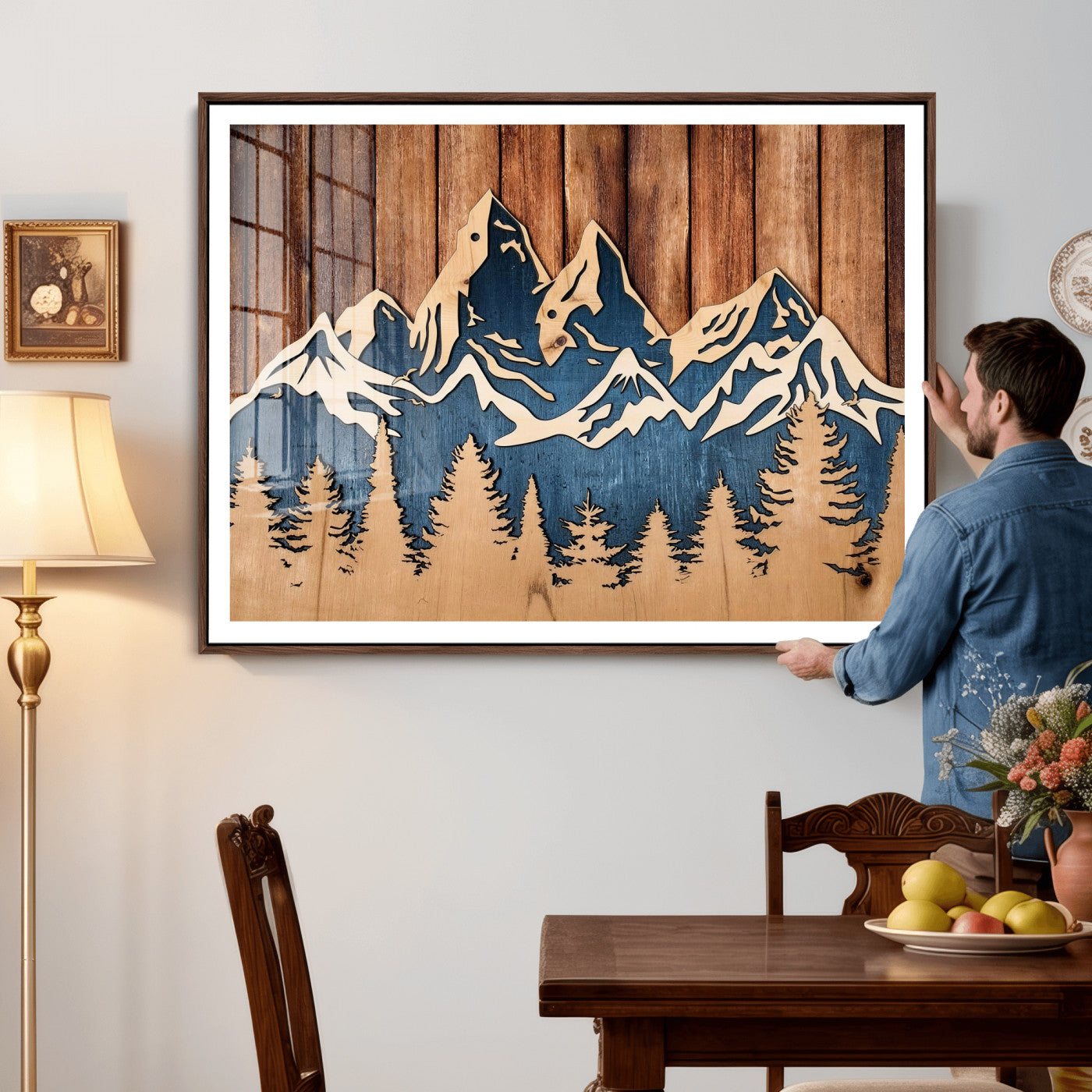 41330-MGV-CV-36X24 - Rustic Wood Style Mountain Wall Art, Nature Forest Canvas Print, Wooden Textured Mountain Artwork Print