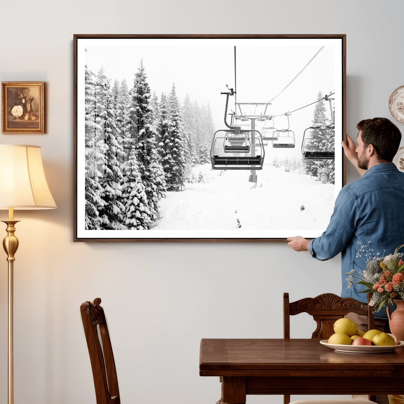 70609-MGV-CV-36X24 - Winter Forest Wall Art Canvas Print, Framed Snowy Forest Art Picture Print, Winter Ski Lift Perfect