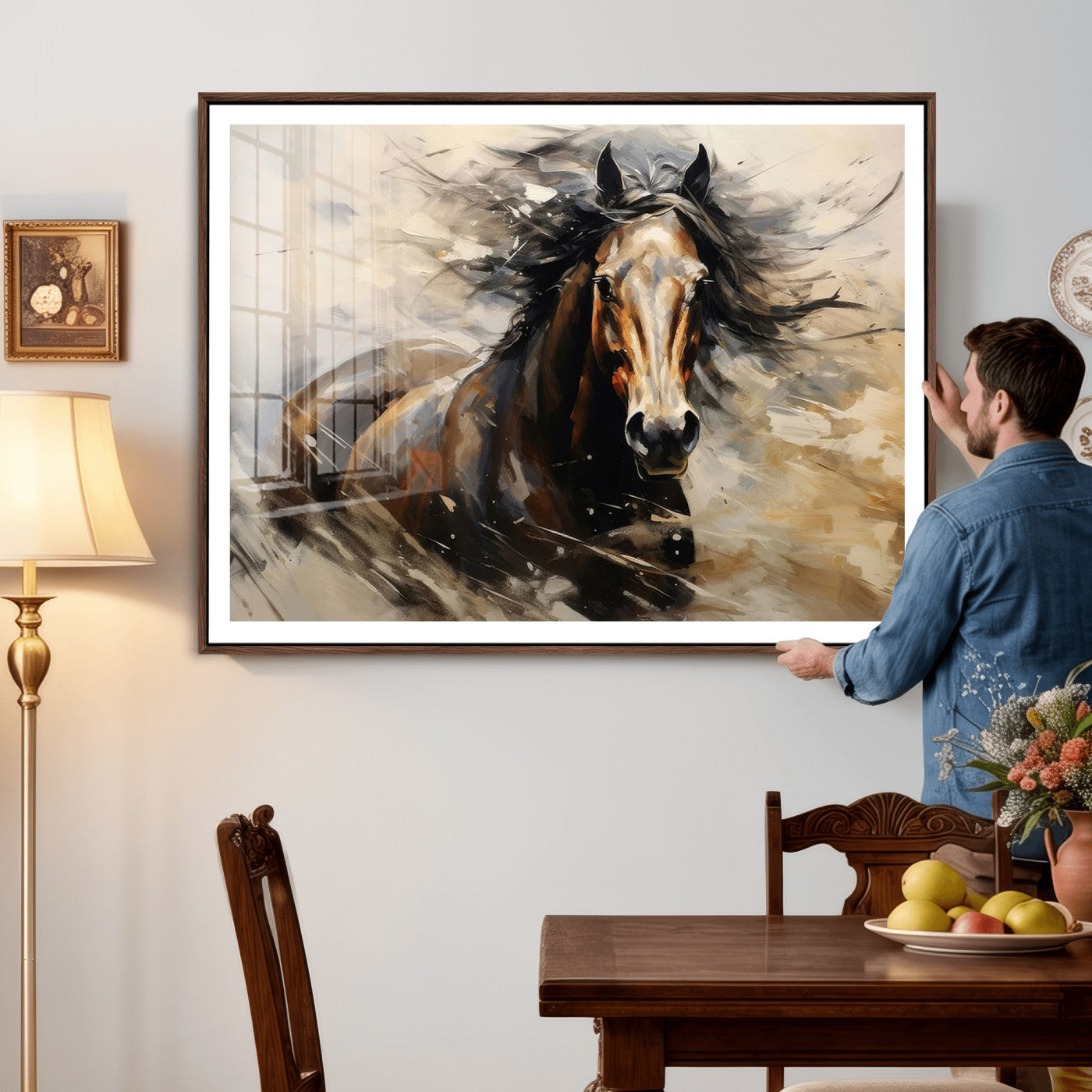 53001-MGV-CV-36X24 - Abstract Wall Art Horse Print - Large Western Horse Canvas - Farmhouse Woodland Wall Art - Framed