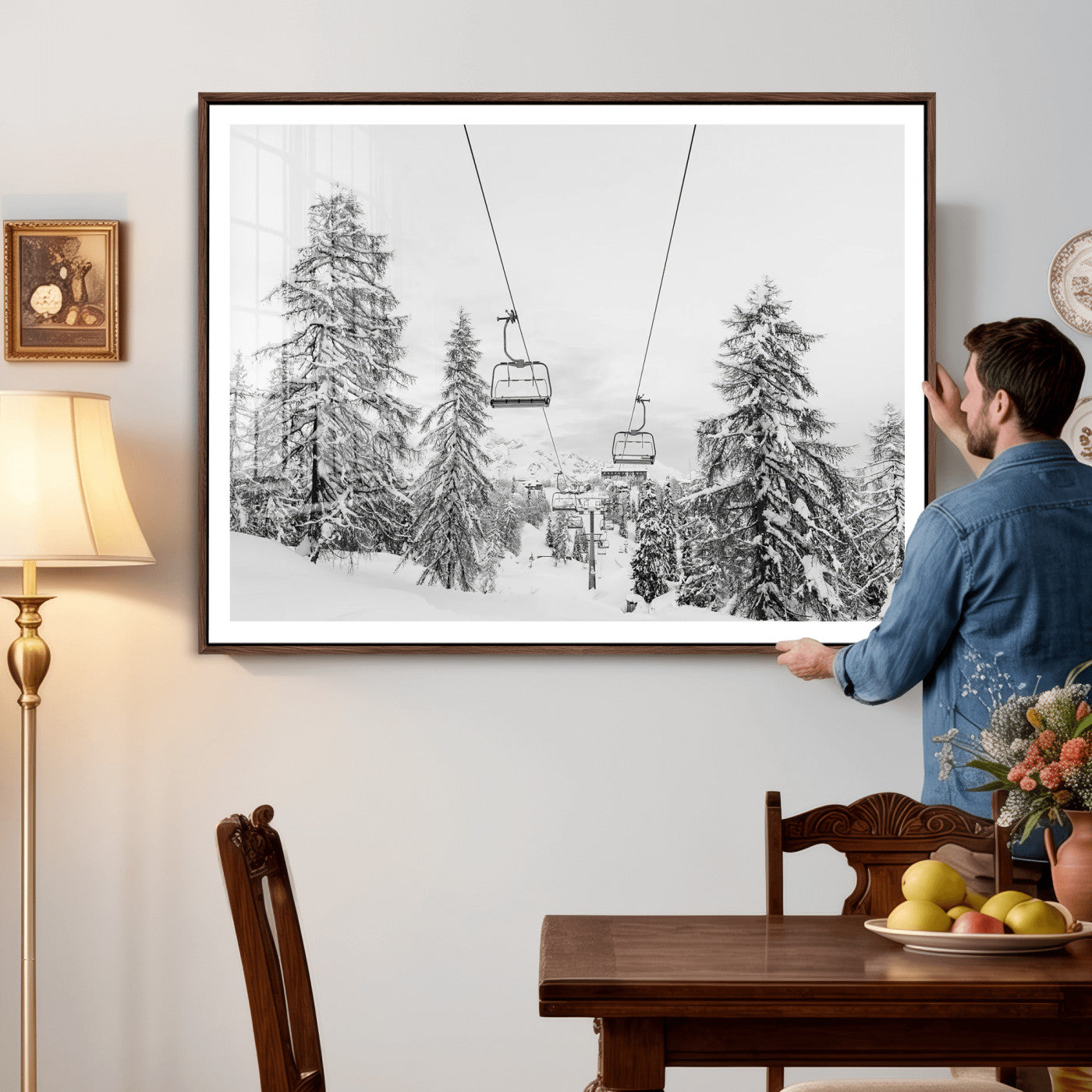 55003599-MGV-CV-36X24 - Wall Art Canvas Print Winter Chairlift Views Silent Snow-Covered Pines Mountain Calm Serenity Frozen