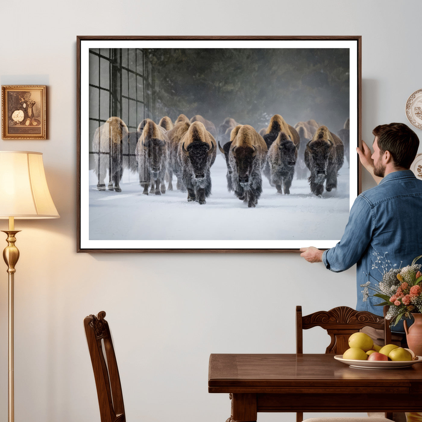 41669135-MGV-CV-36X24 - Winter Bison Herd Wall Art – Majestic Buffalo Charge Canvas Print with Snow Covered Plains, Rustic Wildlife Strength and Untamed Nature Decor for Home and Office