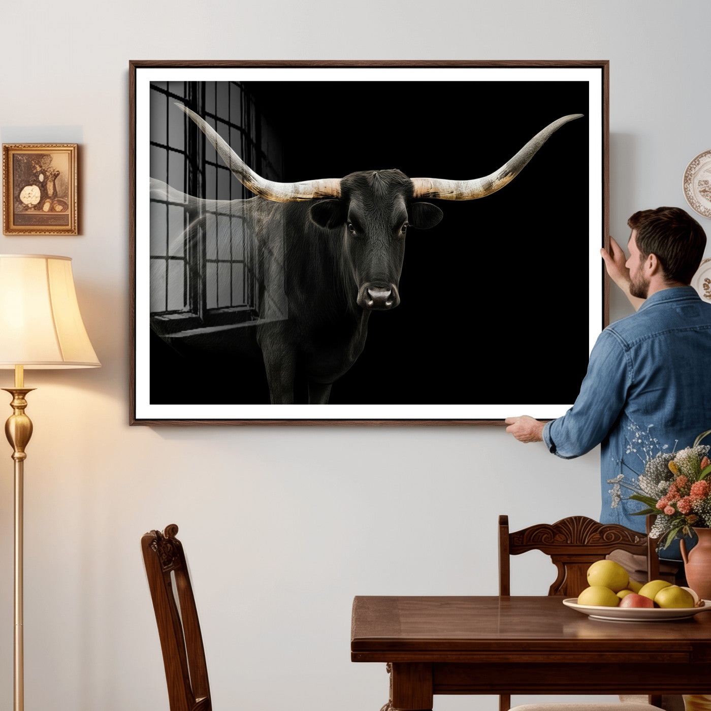 23572907-MGV-CV-36X24 - Texas Longhorn Wall Art Canvas Print, Framed Rustic Western Art Picture Print, Farmhouse Animal Perfect Modern Western Minimalist Decor Artwork