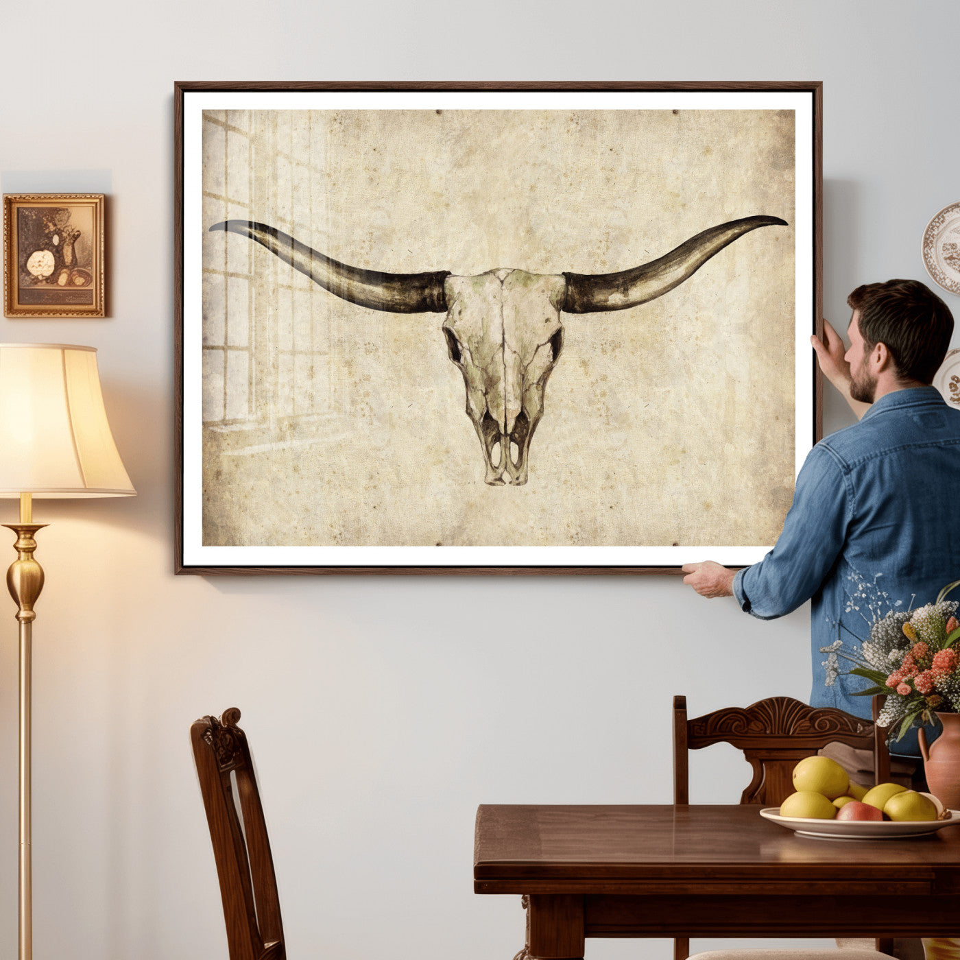 42788678-MGV-CV-36X24 - Longhorn Skull Wall Art Canvas Print – Rustic Western Artwork Print for Living Room Wall Decor