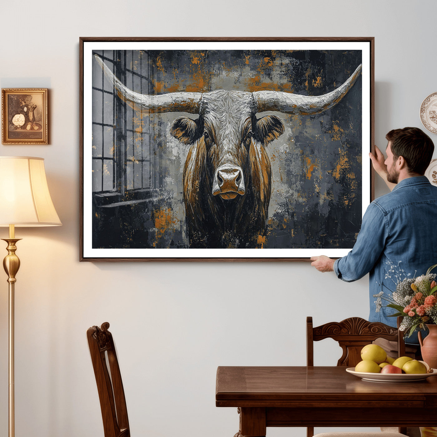 73972561-MGV-CV-36X24 - Bold Bull Wall Art Canvas – Striking Portrait with Wide Horns and Rich Brown Hues, Rustic Farmhouse and Western Decor for Home Room