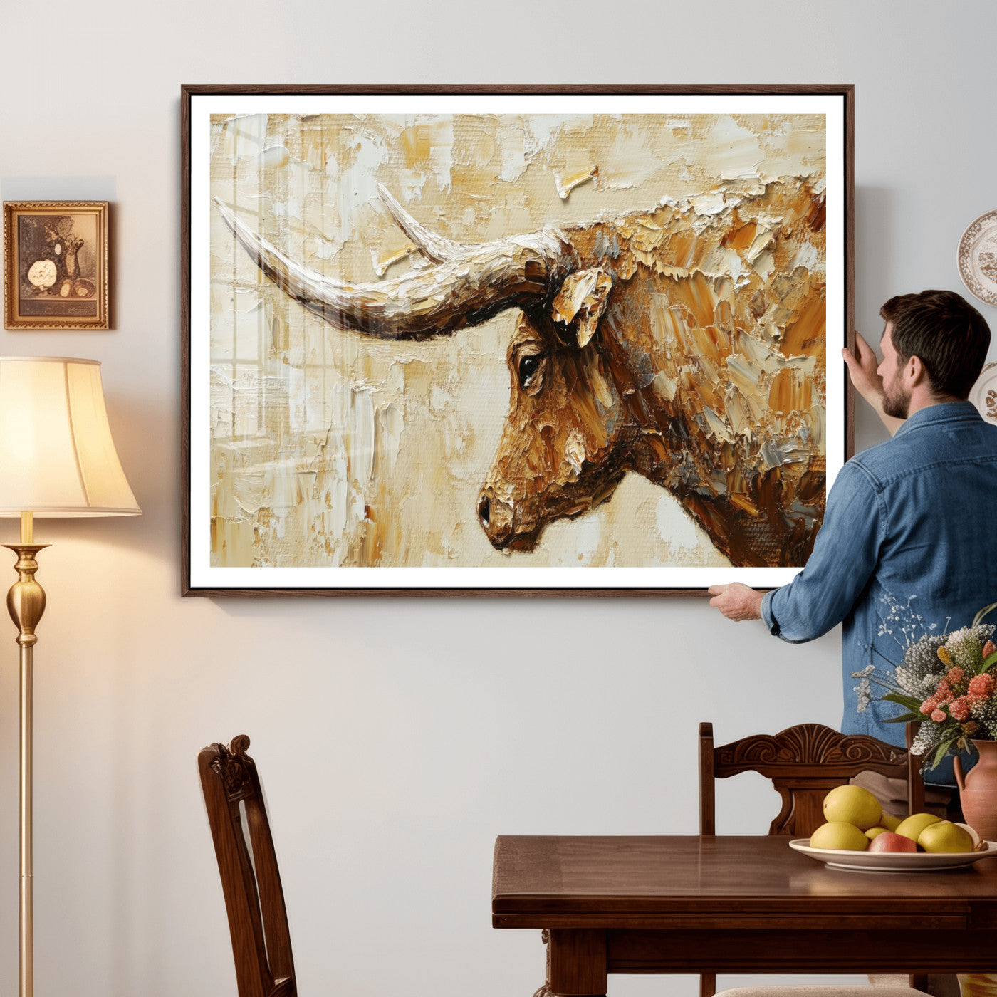 69611428-MGV-CV-36X24 - Rustic Longhorn Bull Wall Art Canvas Print – Vintage Western Cattle Painting, Texas Abstract Wall Cow Prints