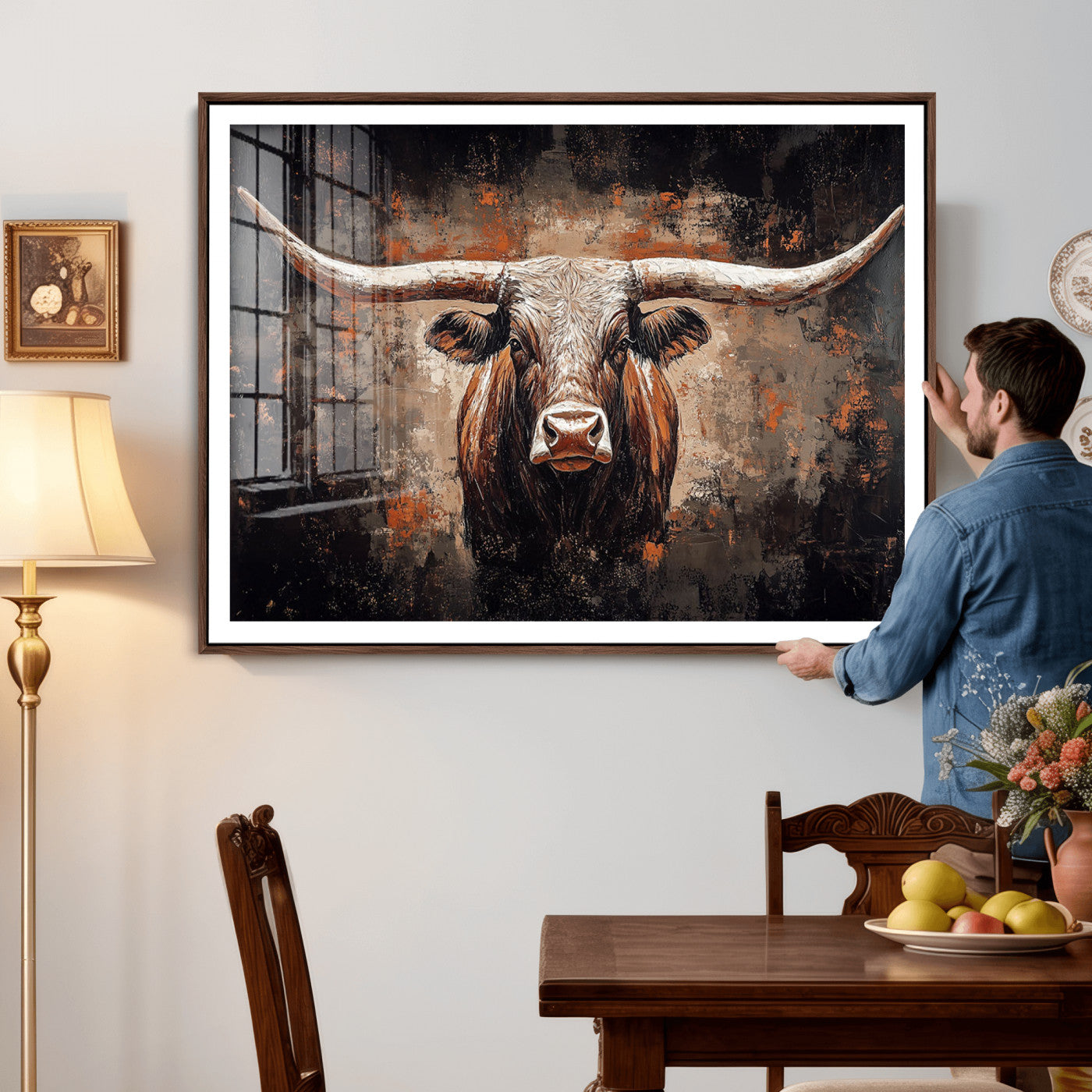 24779067-MGV-CV-36X24 - Rustic Longhorn Bull Wall Art Canvas Print – Vintage Western Cattle Painting, Texas Steer Artwork