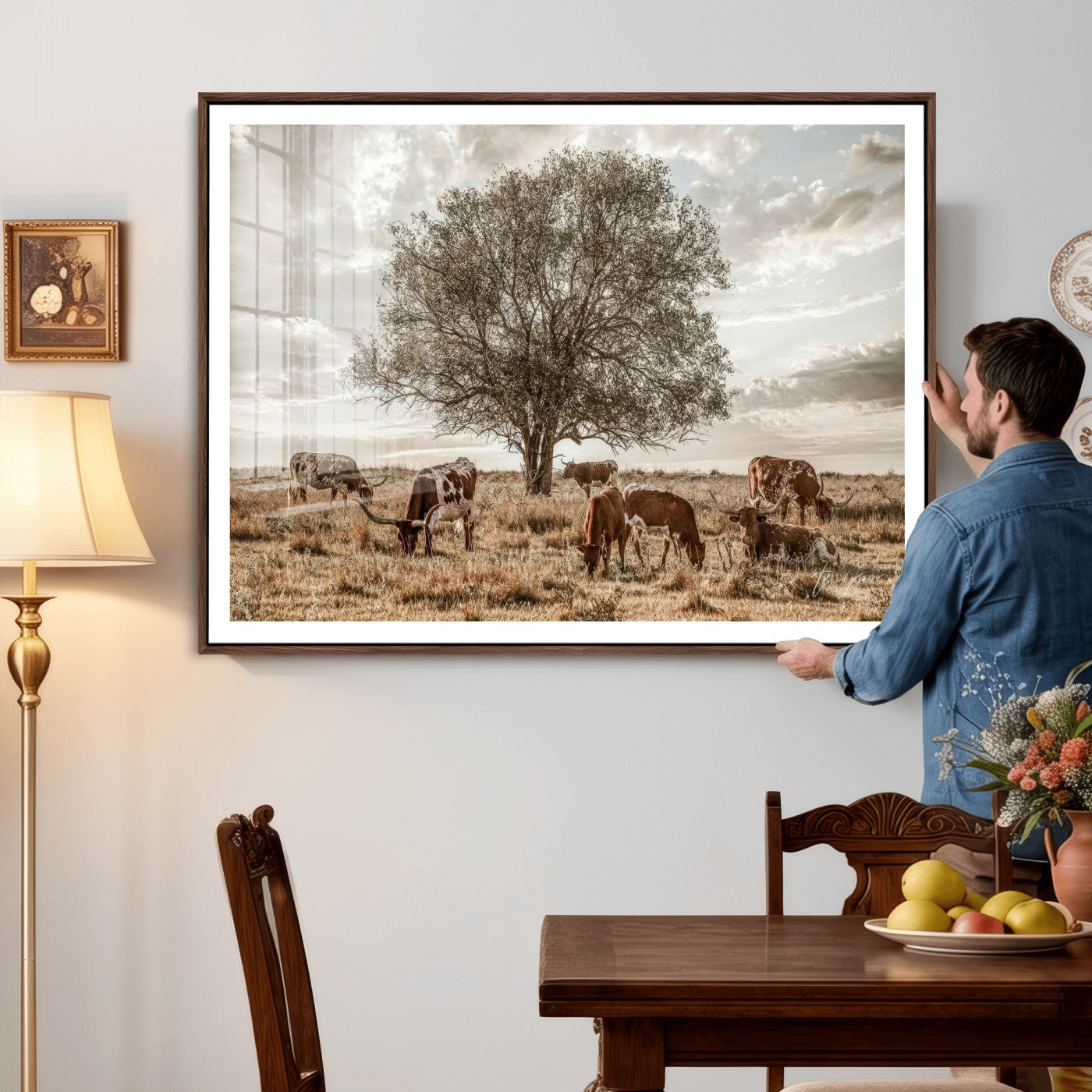 87590224-MGV-CV-36X24 - Texas Longhorn Cattle Wall Art Canvas Print – Rustic Western Ranch Scene with Steers at Sunset, Perfect for Farmhouse or Cowboy Decor